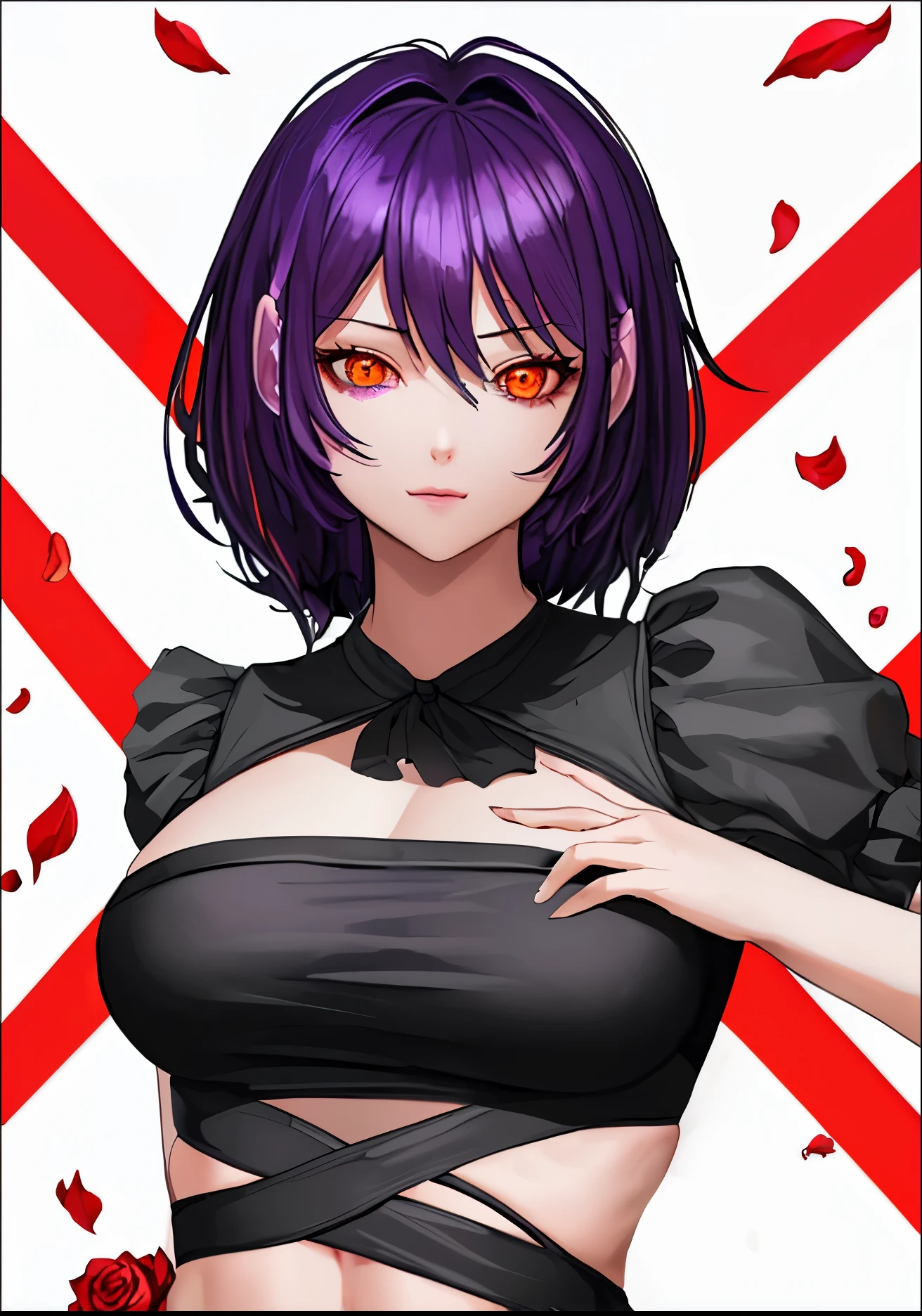 black top, Beautiful girl, purple hair, orange eyes, background, красная решетка на backgroundе, динамичный background, Flying rose petals