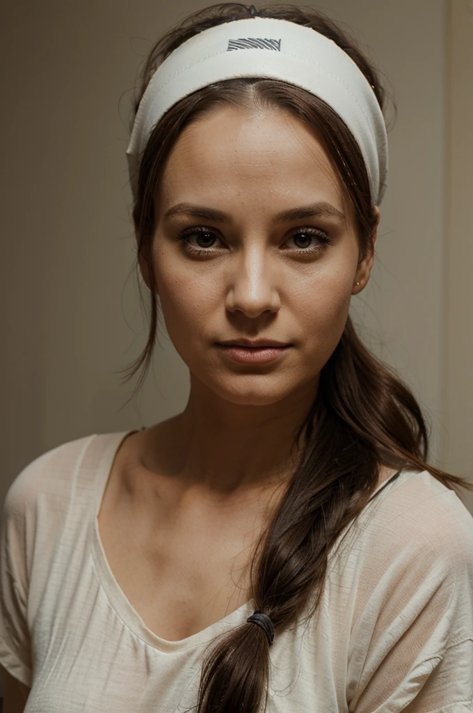 woman with a headband on her head, 30 years old woman, showing forehead, large forehead, accurate face