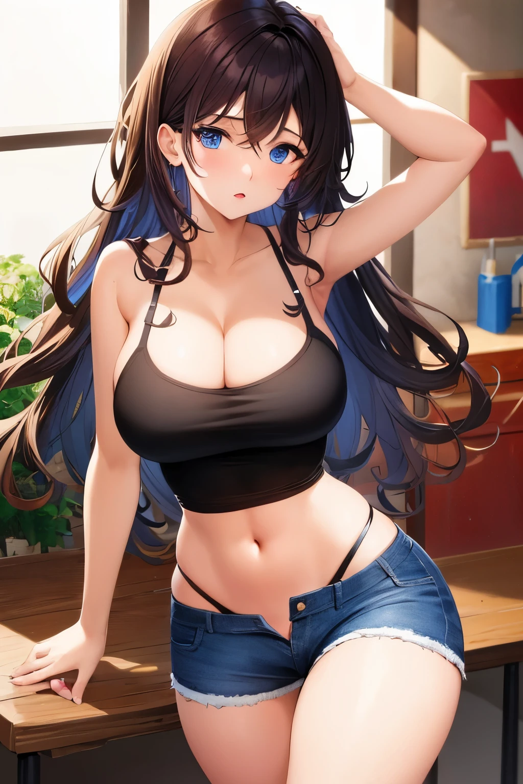 1girl, 18 years old girl, medium curly dark hair, Deep cleavage, Blue eyes, busty girl, hourglass figure, fit body, big breasts, sexy clothes, jeans shorts, tube top, firm butt,