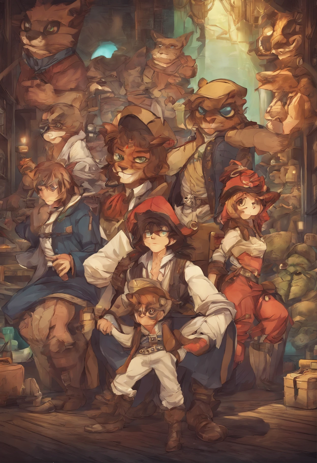 cover page, highres, top quality, best quality, paid reward available, unparalleled masterpiece, perfect artwork, absurdres, High-quality illustrations, super high resolution, detailed background, Hospitals with power outages, Spooky creatures, Pirate Ship, a pirate, 6+boys, 6+girls, absurdres(highly detailed beautiful face and eyes)perfect anatomy, expression, good lighting, cinematic shadow(kemono, furry anthro),