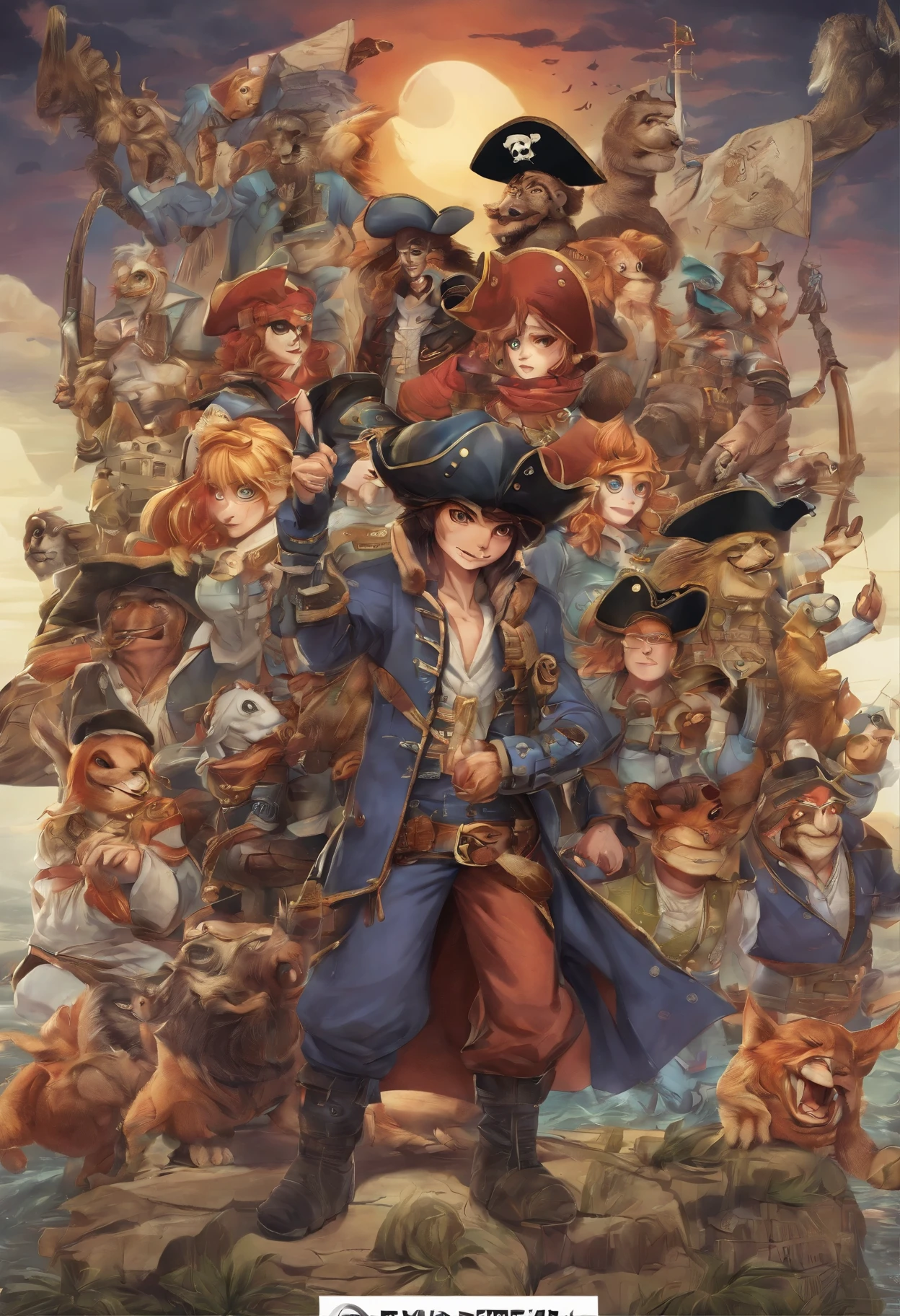 cover page, highres, top quality, best quality, paid reward available, unparalleled masterpiece, perfect artwork, absurdres, High-quality illustrations, super high resolution, detailed background, Hospitals with power outages, Spooky creatures, Pirate Ship, a pirate, 6+boys, 6+girls, absurdres(highly detailed beautiful face and eyes)perfect anatomy, expression, good lighting, cinematic shadow(kemono, furry anthro),