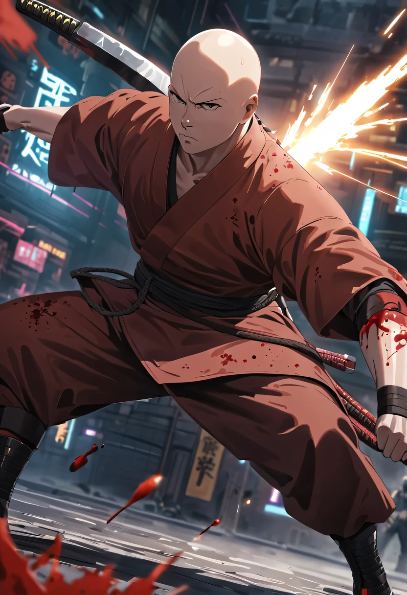 sh4g0d风格赛博朋克武士，(bald，monk:1.2),(Strong dynamic stance)，struggle，(blood spatter)，Strong，His face is very determined， 8k, Ultra-detailed, precise, best quality