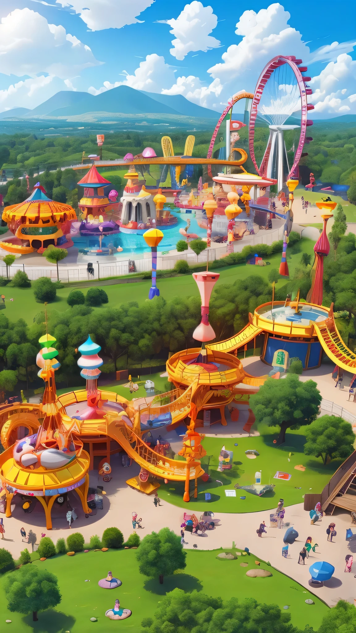 a kawaii amusement park for children, cute amusement park, puffy clouds, from above