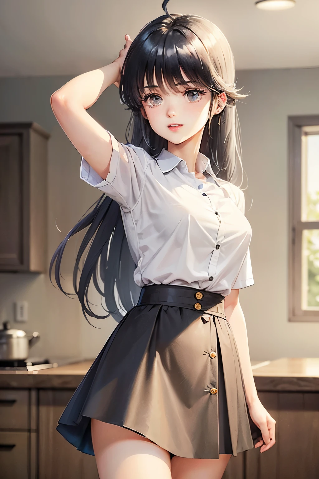 ((masterpiece, highest quality)), (1 girl), (alone), (female focus), (Ahoge, gray hair, very long hair), golden eyes, clear smile, open your mouth, ((white shirt), (shirt with buttons), (gap button)), ((black skirt), (short skirt)), Are standing, white background, turn your arms behind your back, dynamic angle