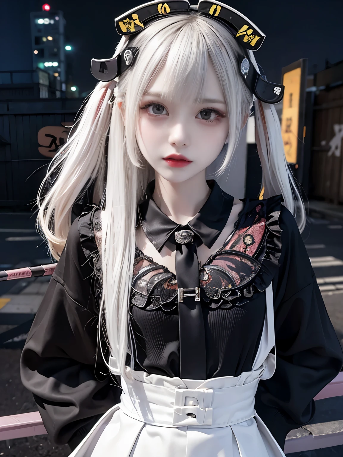 raw photo, 8k, (top-quality), Realistic, (real picture, Intricate details), (natural skin texture, detailed skin, hyper realism, sharpness), (Japanese teenage girl standing in a dirty back alley at night, graffitied wall:1.3), ((jirai fashion with black and white), (((flat chast:1.5))), (slender body, pale skin:1.2), ((white hair, long hair, blunt bangs)), (Parted lips:1.3, eye shadow, eyeliner, tear bag:1.3, red lips), night time, spot lighting:1.3