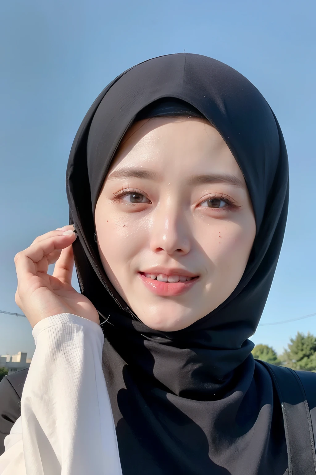 ((Best quality, 8k, Masterpiece :1.37)), (wear hijab white collor), girls wear hijab white collor, (girls wearing hijab moslem), beautiful face, face bukkake, 18 years old girls, ultra detailed face, ((Lips Smiling)), ultra detailed body, slim body, lips smile, Beautiful detailed eyes, eyes korean, detailed nose, Natural Lip, Wear hijab moslem, fancy jubba thobbe, (photo body), view of the blue sky, Slim Body, realistic face, backround people hijab 