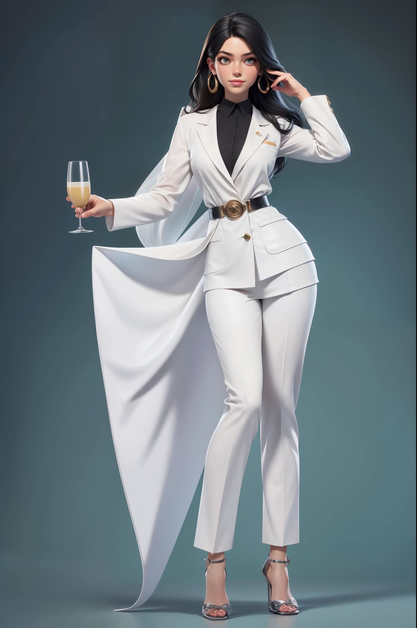 Parte Mestre, melhor qualidade, 1st grade, olhos verdes, pele escura, cabelo castanho, cabelos lisos, cabelo comprido, Brincos, jewelry, newly qualified doctor, white coat over black blouse and flared pants, com sapato alto sacarpin, fundo branco, sozinho, Full body standing, in dynamic pose, fashion, hand on your waist and the other holding a glass of gyn.