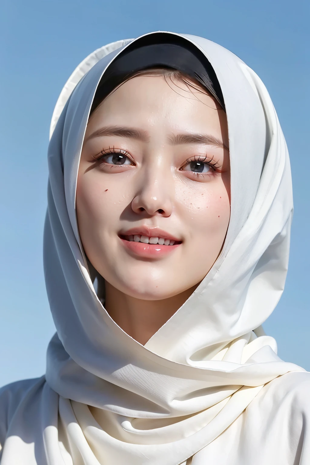 ((best quality, 8ก, Masterpiece :1.37)), (wearing hijab girl), girl wearing hijab, bare chest, position:Standing style, (เด็กผู้หญิงที่wearing hijab muslim), Beautiful face, Topping, 18 year old girl, black hair, Extraordinarily detailed face, Extraordinarily detailed body, Slim shape, smiling lips, Beautifully detailed eyes, Korean eyes, Fine nose, natural lips, ((smiling lips)), Smiling faces, wearing hijab muslim, jubba thobbe fancy, (Full body photo 1.1), view of the blue sky, Slim shape, Erotic body, (strip naked), realistic face, White lace panties