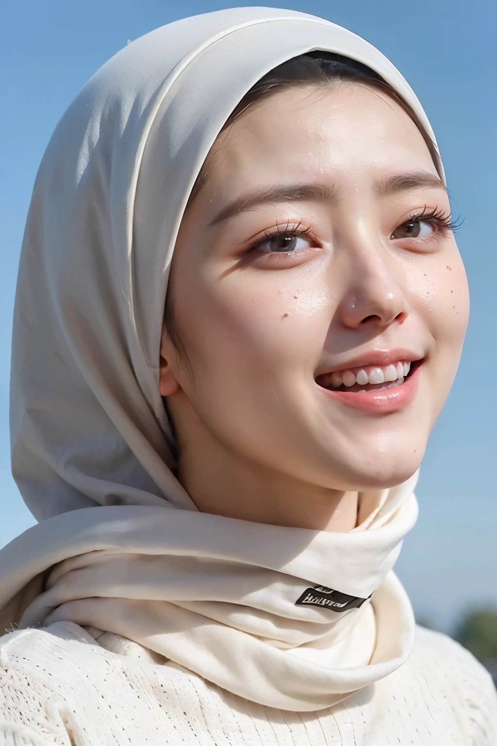 ((Best quality, 8k, Masterpiece :1.37)), (wear hijab white collor), girls wear hijab white collor, (girls wearing hijab moslem), beautiful face, face bukkake, 18 years old girls, ultra detailed face, ((Lips Smiling)), ultra detailed body, slim body, lips smile, Beautiful detailed eyes, eyes korean, detailed nose, Natural Lip, Wear hijab moslem, fancy jubba thobbe, (photo body), view of the blue sky, Slim Body, realistic face, backround people hijab 