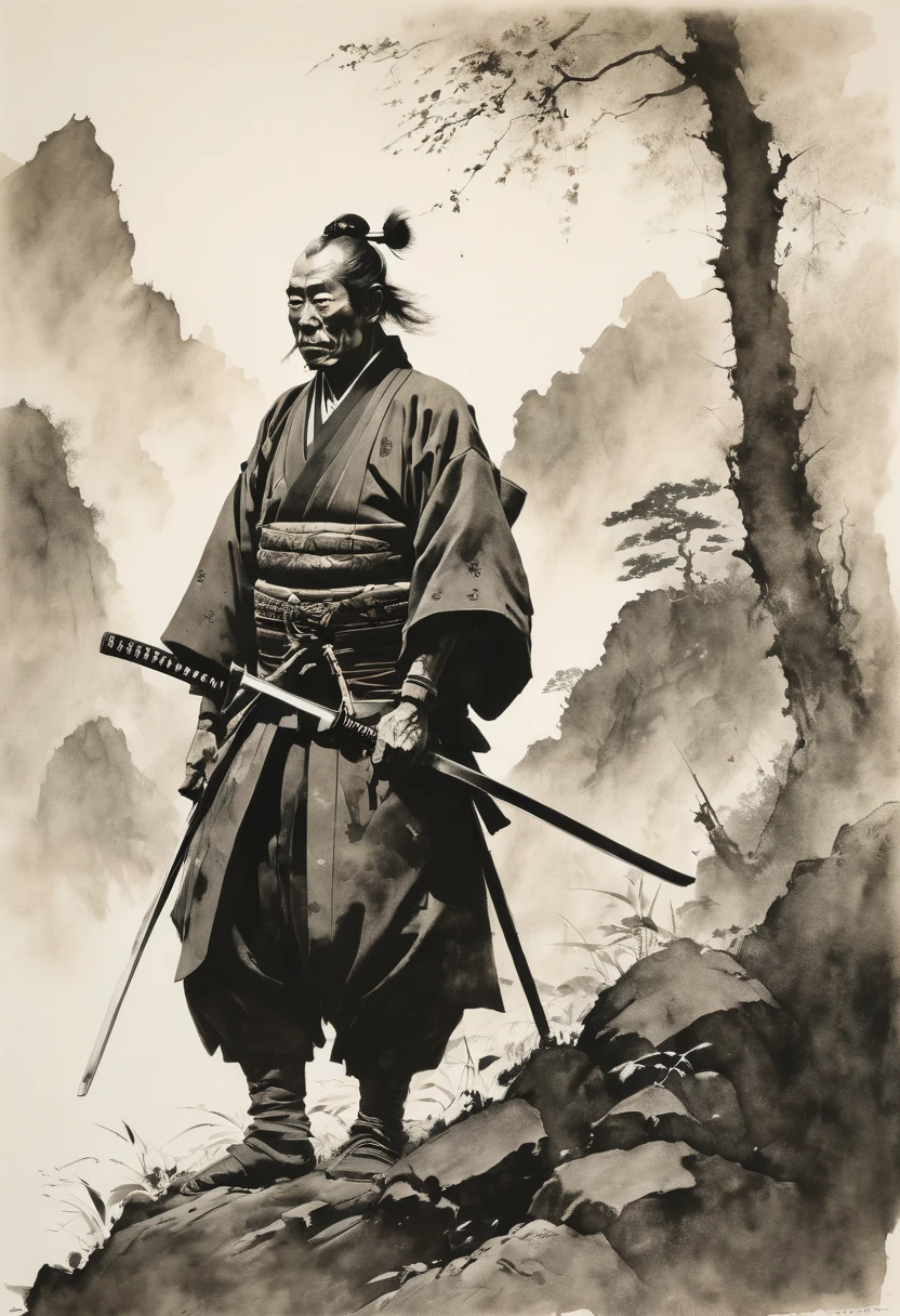 samurai, double exposure, Multiple exposure, best quality, masterpiece, Representative work, official art, Professional, Ultra intricate detailed, 8k