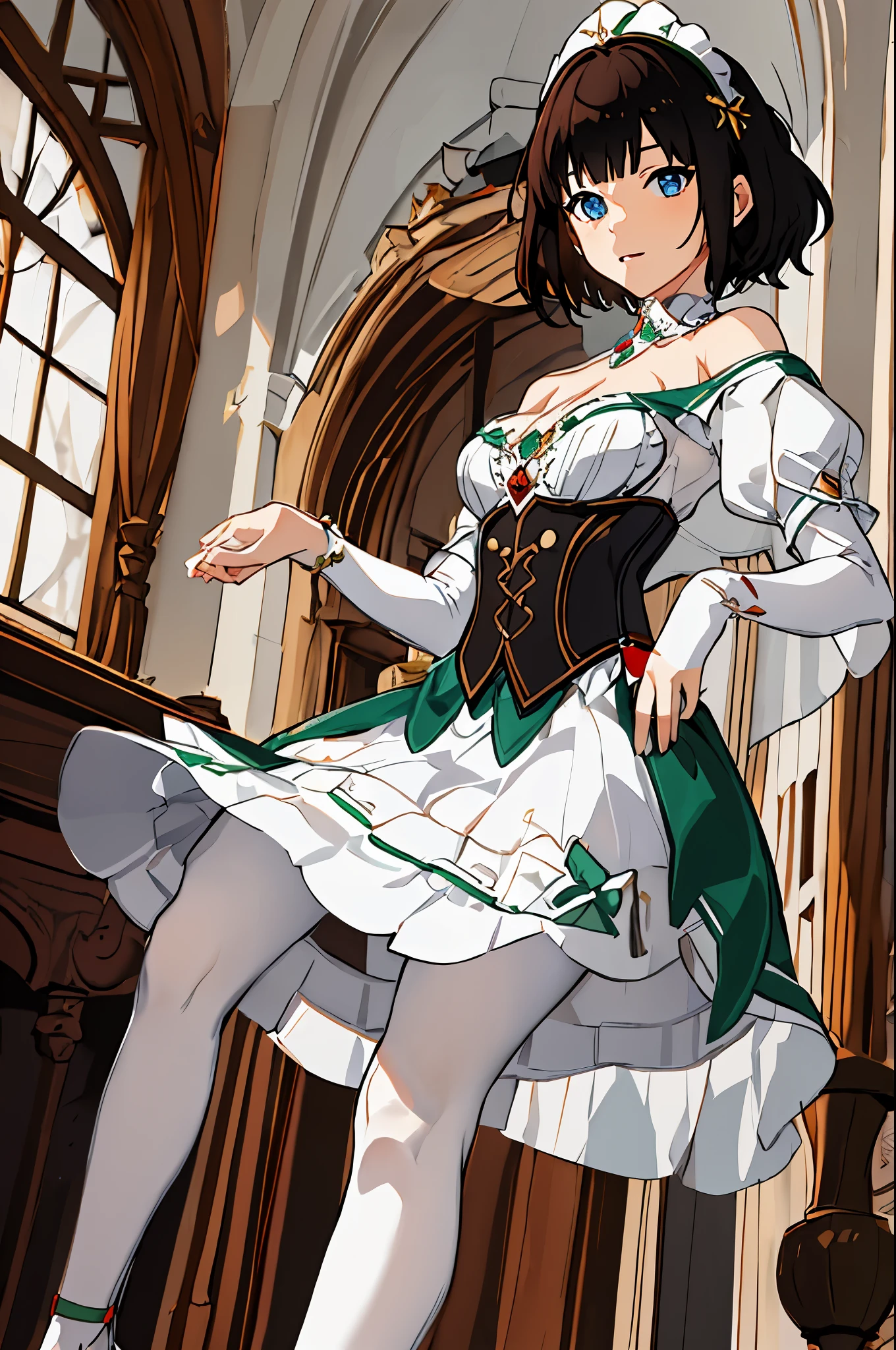 masterpiece, best quality, 1 girl, （（delicate face））， middle Ages,（ whole body）, medium hair, jewelry, gem, green and white dress, Off the shoulder style, bow, white pantyhose, Vertical striped pantyhose, puffy sleeves, blunt bangs, split collar, Maid tiara, red bow, Green collar, Green shoes, corset, blue eyes,  black hair, short hair,