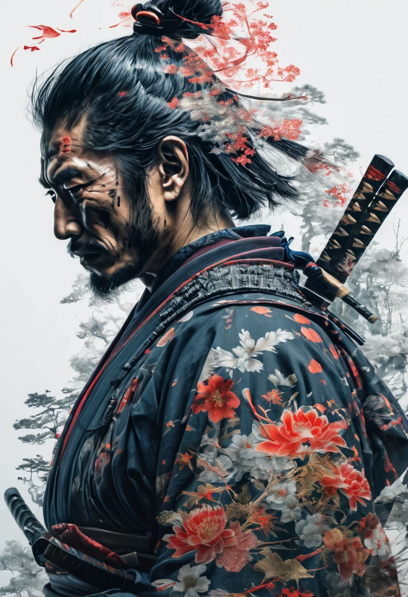 samurai, double exposure, Multiple exposure, best quality, masterpiece, Representative work, official art, Professional, Ultra intricate detailed, 8k