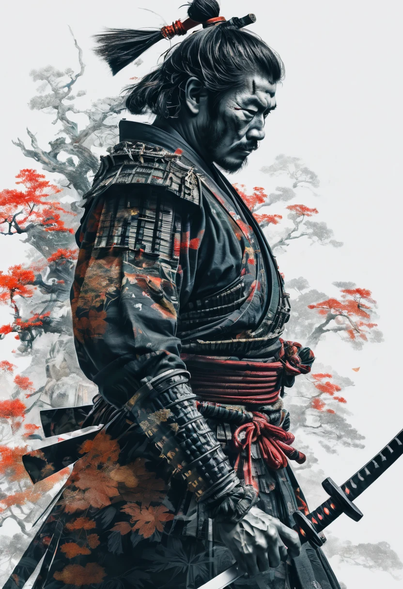 samurai, double exposure, Multiple exposure, best quality, masterpiece, Representative work, official art, Professional, Ultra intricate detailed, 8k