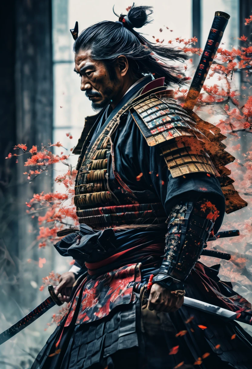 samurai, double exposure, Multiple exposure, best quality, masterpiece, Representative work, official art, Professional, Ultra intricate detailed, 8k