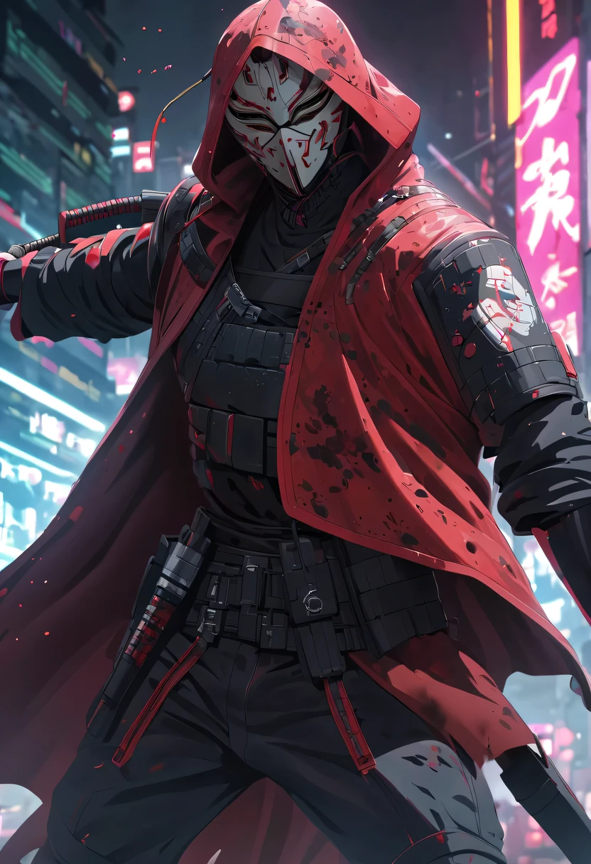 sh4g0d风格赛博朋克武士，(cape mask:1.2),(Strong dynamic stance)，struggle，(blood spatter)，Strong，His face is very determined， 8k, Ultra-detailed, precise, best quality