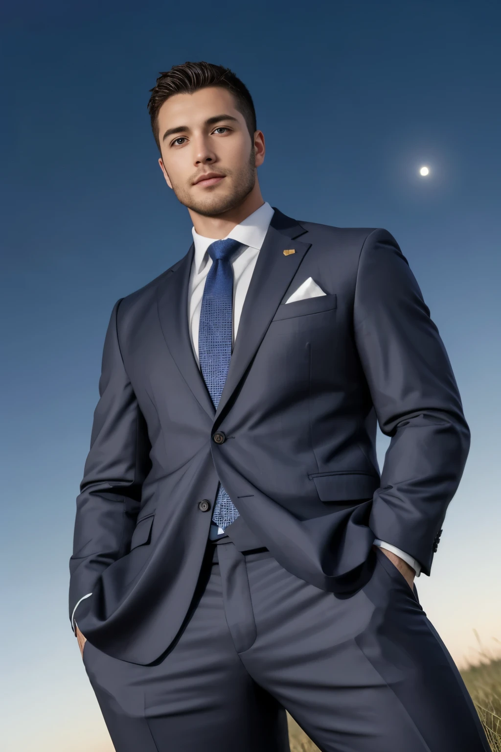 Draw a full-fledged footballer,Standing on the steppe at night,Quiet and comfortable background,He wears the same suit as the country's president,The suit fits perfectly,Handsome face,eyes with brightness,The man looks confident and determined,looking-down,Crew cut,full bodyesbian,Stars dot the sky,shooting from below,Big moon highlights background