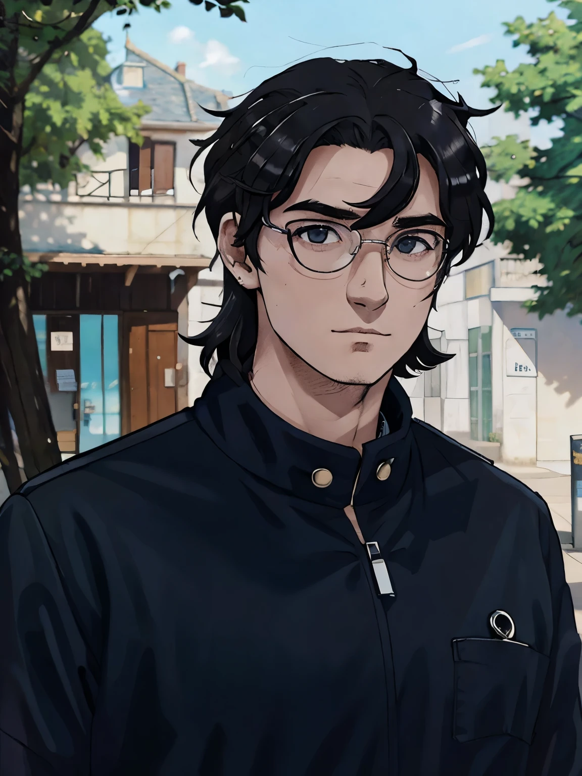 Gros plan sur le visage d'un homme adulte. Cheveux noirs, lunettes de soleil, piercings. Manga anime style. 