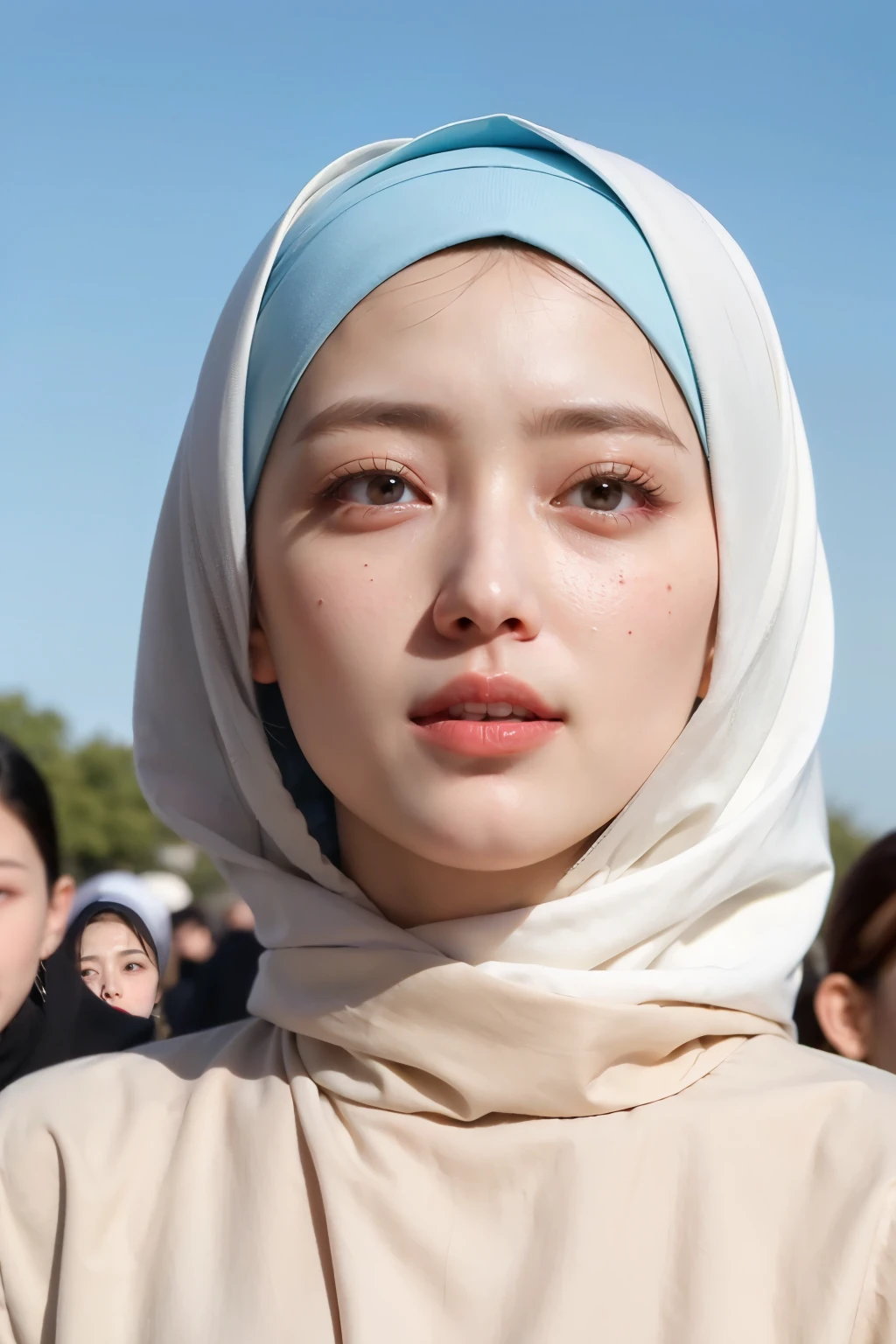 ((Best quality, 8k, Masterpiece :1.37)), (wear hijab white collor), girls wear hijab white collor, (girls wearing hijab moslem), beautiful face, face bukkake, 18 years old girls, ultra detailed face, ((Lips Smiling)), ultra detailed body, slim body, lips smile, Beautiful detailed eyes, eyes korean, detailed nose, Natural Lip, Wear hijab moslem, fancy jubba thobbe, (photo body), view of the blue sky, Slim Body, realistic face, backround people hijab 