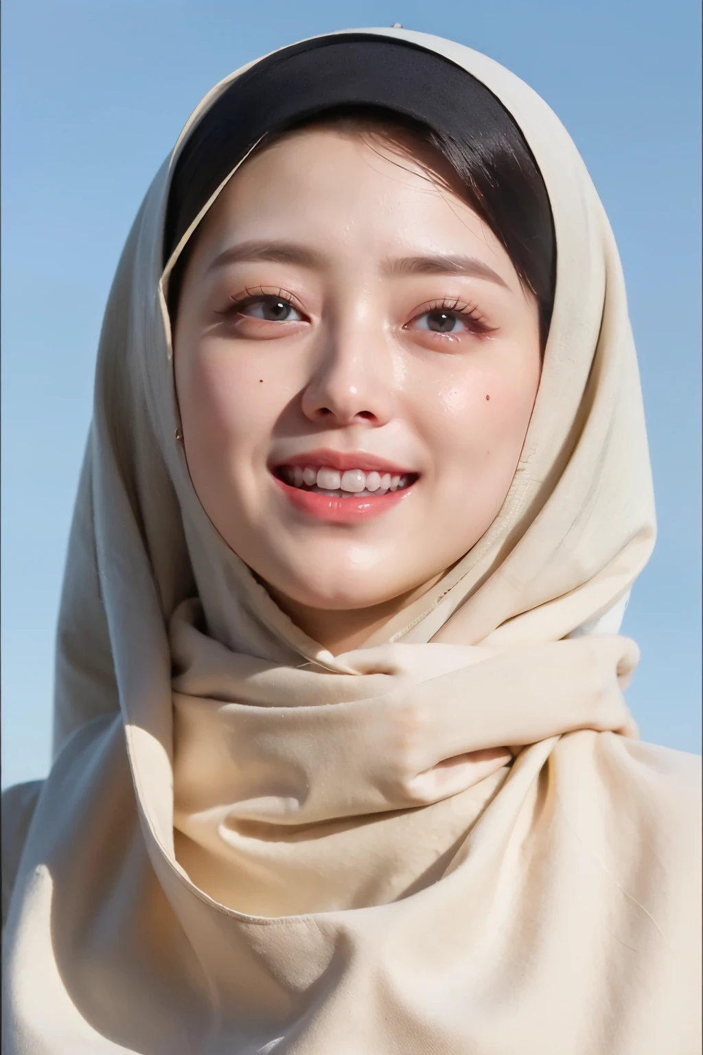 ((Best quality, 8k, Masterpiece :1.37)), (wear hijab white collor), girls wear hijab white collor, (girls wearing hijab moslem), beautiful face, face bukkake, 18 years old girls, ultra detailed face, ((Lips Smiling)), ultra detailed body, slim body, lips smile, Beautiful detailed eyes, eyes korean, detailed nose, Natural Lip, Wear hijab moslem, fancy jubba thobbe, (photo body), view of the blue sky, Slim Body, realistic face, backround people hijab 