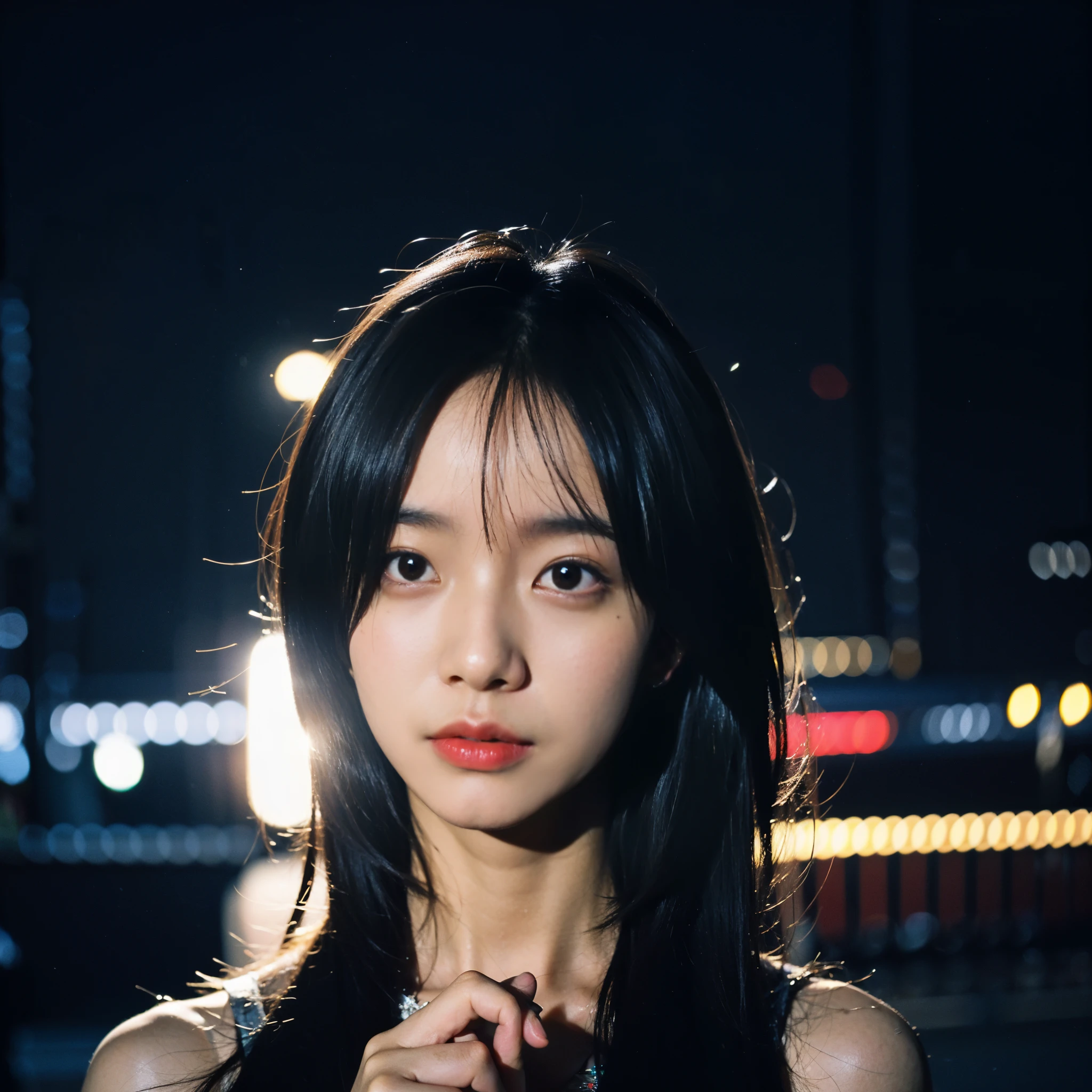 ((Best Quality)), ((masutepiece)), (Cinematic aesthetics:1.4) Beautiful Korean fashion model bokeh city night photo, long hair, Footjob