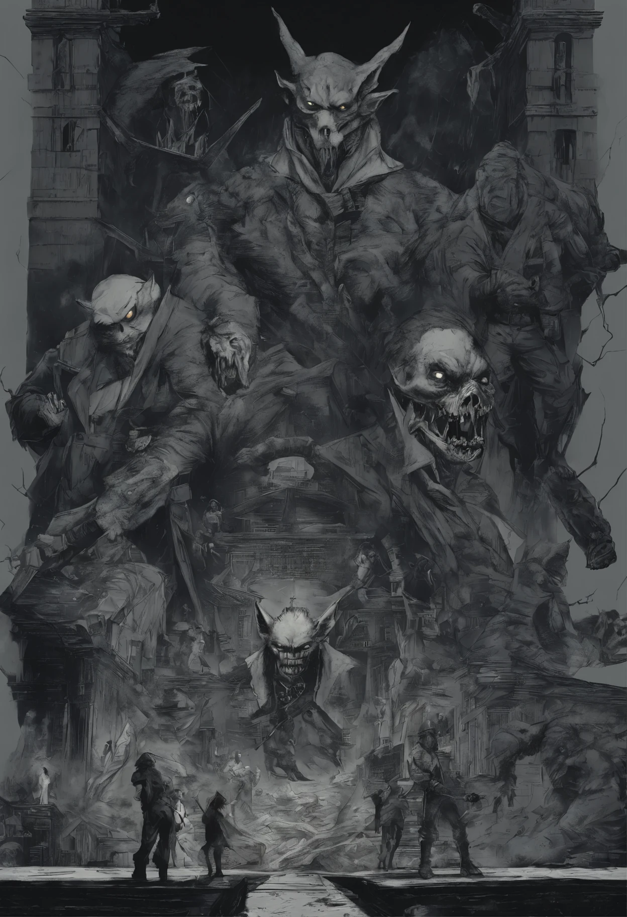 cover page, highres, top quality, best quality, paid reward available, unparalleled masterpiece, perfect artwork, absurdres, High-quality illustrations, super high resolution, detailed background, Hospitals with power outages, Spooky creatures, Pirate Ship, a pirate, 6+boys, 6+girls, absurdres(highly detailed beautiful face and eyes)perfect anatomy, expression, good lighting, cinematic shadow(kemono, furry anthro),
