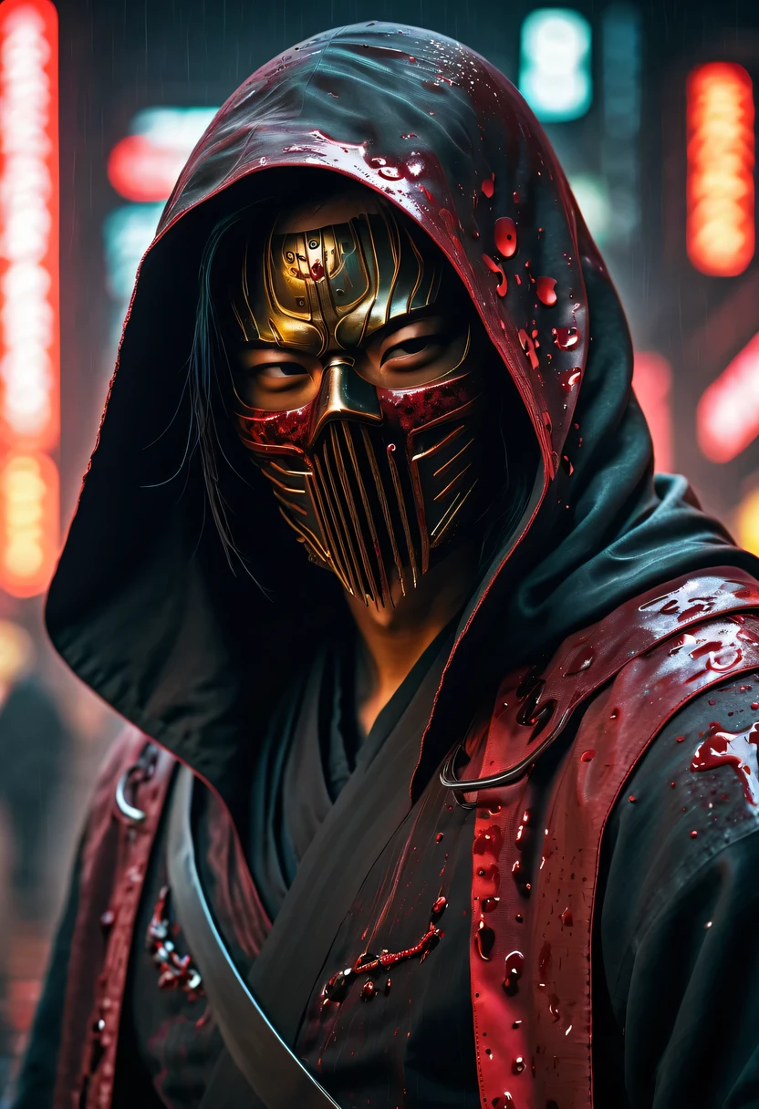 sh4g0d风格赛博朋克武士，(cape mask:1.2),(Strong dynamic stance)，struggle，(blood spatter)，Strong，His face is very determined， 8k, Ultra-detailed, precise, best quality