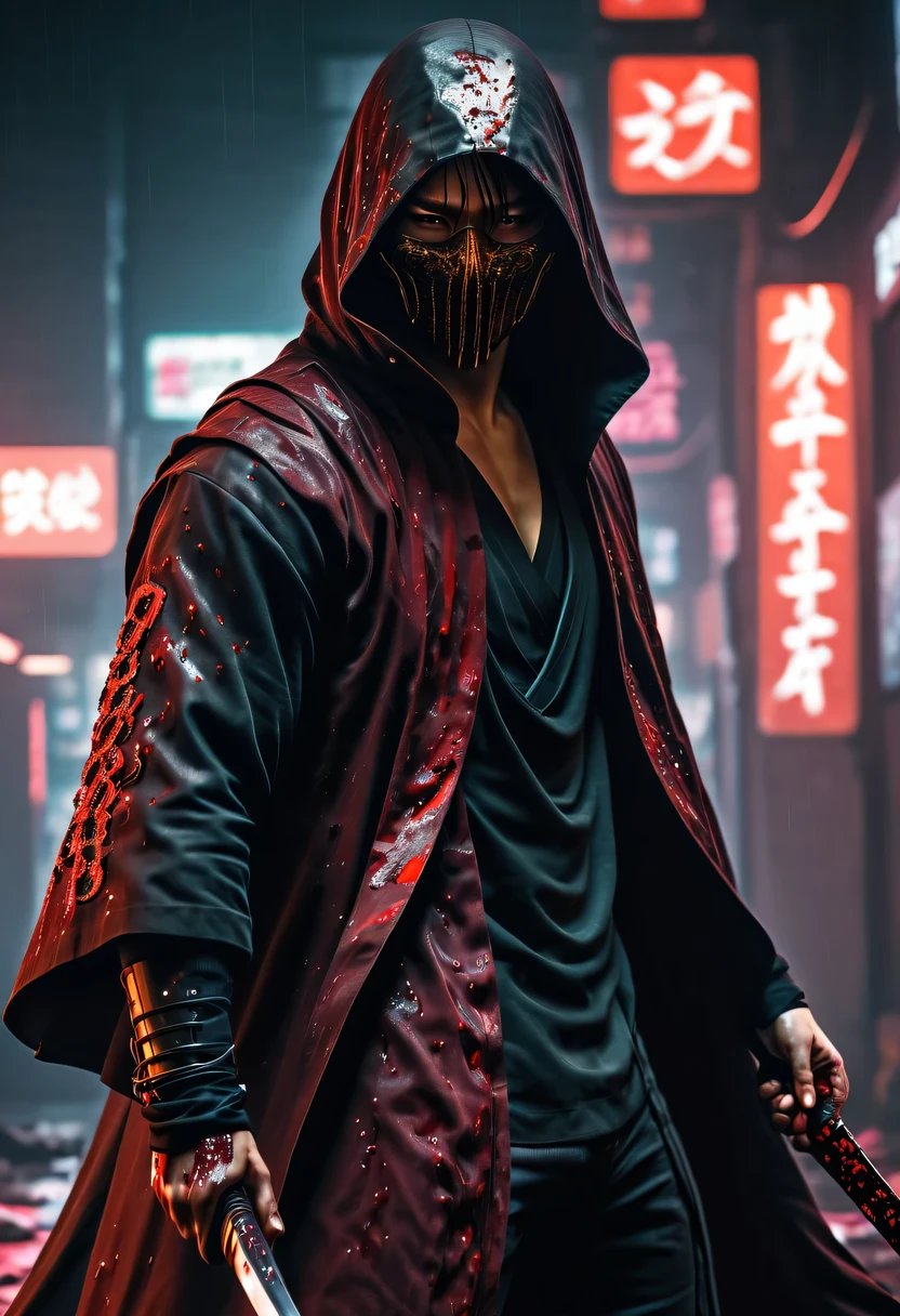 sh4g0d风格赛博朋克武士，(cape mask:1.2),(Strong dynamic stance:1.5)，(struggle:1.3)，(blood spatter)，Strong，His face is very determined， 8k, Ultra-detailed, precise, best quality