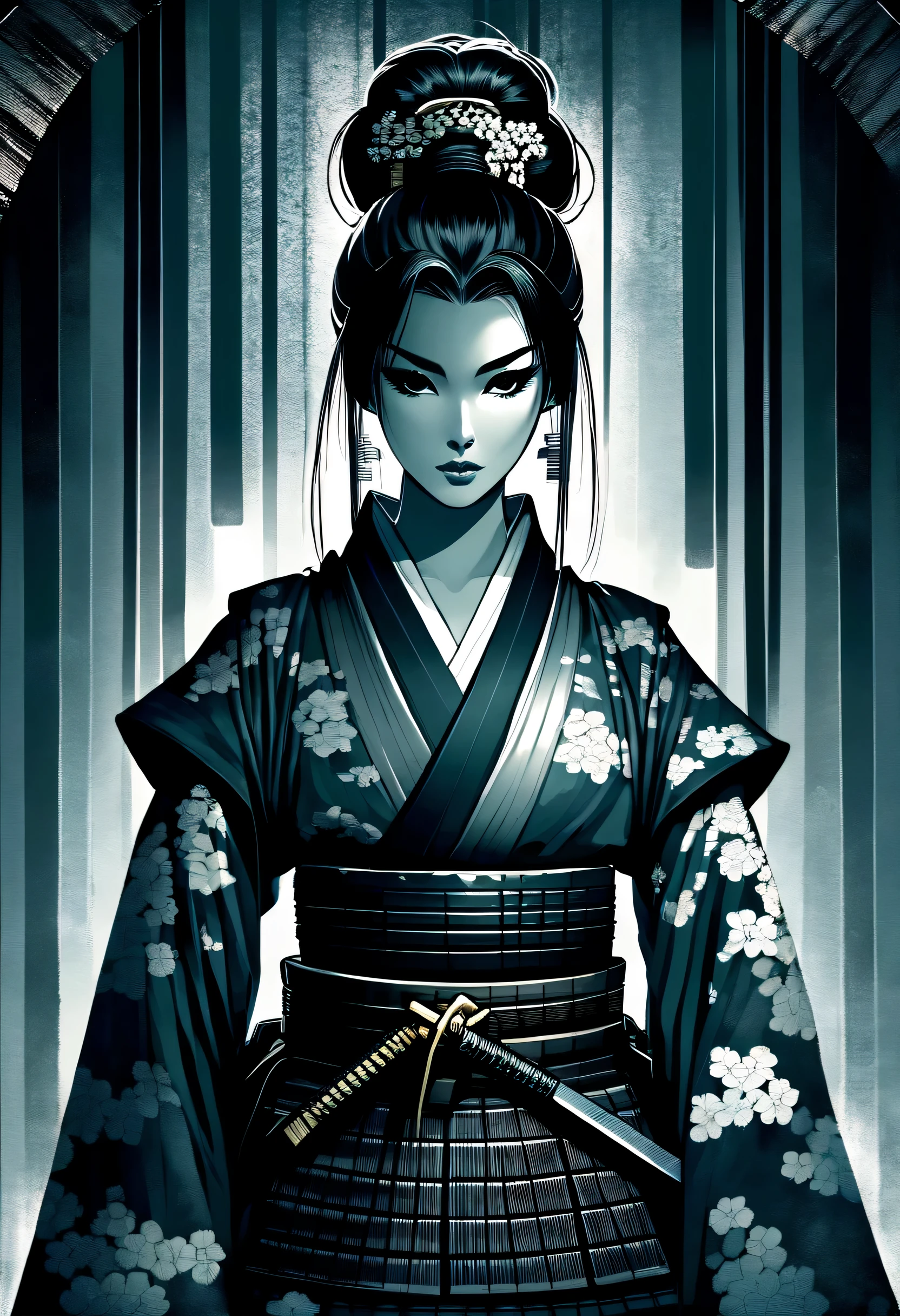 alone, An exceptionally beautiful samurai girl stands out, Delicate face adorned with a topknot, increase intense aura. With dark fantasy illustrations, Power to be considered, Inverted triangular face shape enhances elegance and elegance, The delicate features of a samurai, Highlighted with great illustrations, Added femininity to the ferocious samurai personality, Only the atmosphere adds to the impressive beauty, Create unique and visually diverse illustrations, A towering samurai girl with delicate features and topknot, Enhances the elegance and elegance of shadows, Dark fantasy setting only, Add details to your captivating characters, Creative and interesting prompt feature, With dark fantasy illustrations奥行きを表現, Visually create a unique brush stroke background to an already impressive beauty backdrop, Descriptive and complex detailed subject matter for illustrations,