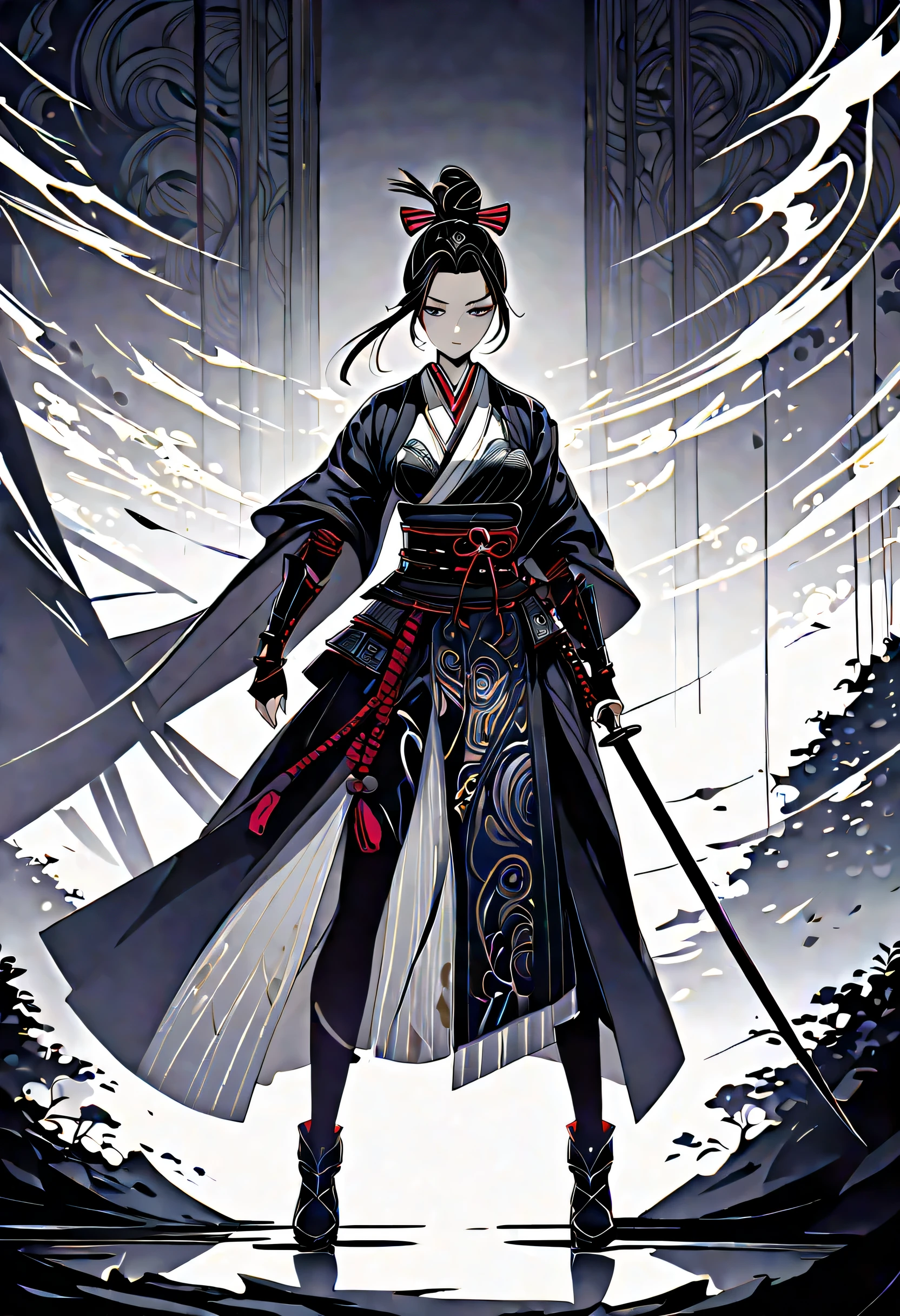 alone, An exceptionally beautiful samurai girl stands out, Delicate face adorned with a topknot, increase intense aura. With dark fantasy illustrations, Power to be considered, Inverted triangular face shape enhances elegance and elegance, The delicate features of a samurai, Highlighted with great illustrations, Added femininity to the ferocious samurai personality, Only the atmosphere adds to the impressive beauty, Create unique and visually diverse illustrations, A towering samurai girl with delicate features and topknot, Enhances the elegance and elegance of shadows, Dark fantasy setting only, Add details to your captivating characters, Creative and interesting prompt feature, With dark fantasy illustrations奥行きを表現, Visually create a unique brush stroke background to an already impressive beauty backdrop, Descriptive and complex detailed subject matter for illustrations,