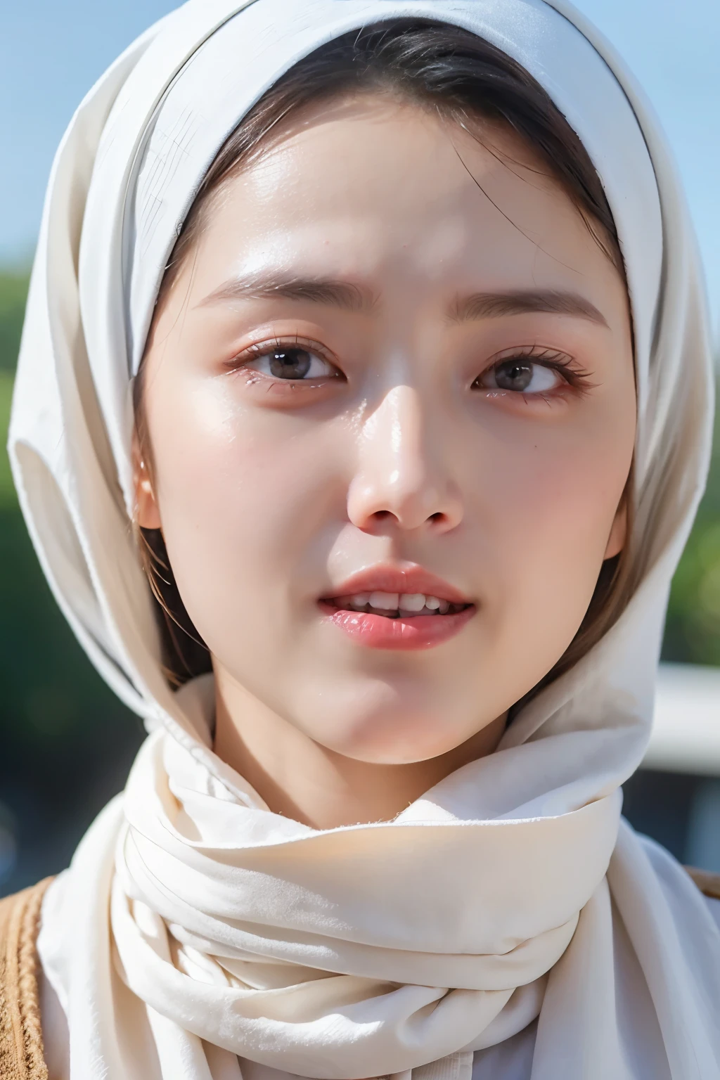 ((Best quality, 8k, Masterpiece :1.37)), (wear hijab white collor), girls wear hijab white collor, (girls wearing hijab moslem), beautiful face, face bukkake, 18 years old girls, ultra detailed face, ((Lips Smiling)), ultra detailed body, slim body, lips smile, Beautiful detailed eyes, eyes korean, detailed nose, Natural Lip, Wear hijab moslem, fancy jubba thobbe, (photo body), view of the blue sky, Slim Body, realistic face, backround people hijab 