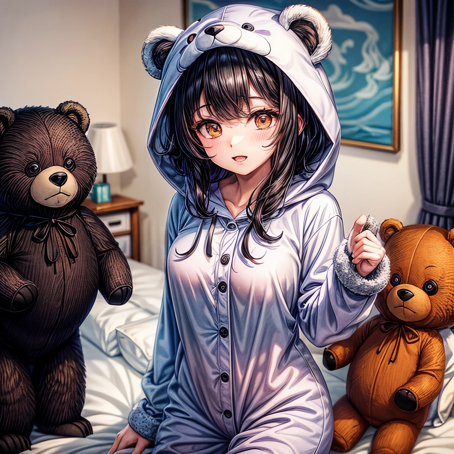 ((worst quality, low quality)), (Close-up), (face focus), ((Bear-eared furry girl)), solo, (((666))), ((Black hair berry berry short)), plump and glossy lips, beautiful clear purple eyes, spoken word heart, Large slouched posture, (Fluffy bear costume pajamas:1.4), (open income:1.2), (black pajamas:1.4), animal hoodie, (hood up:1.3), under the hoodie, oversized hoodie, bear paw glove, Gao's Pose, The background is the bedroom, highest quality,Super detailed, masterpiece,