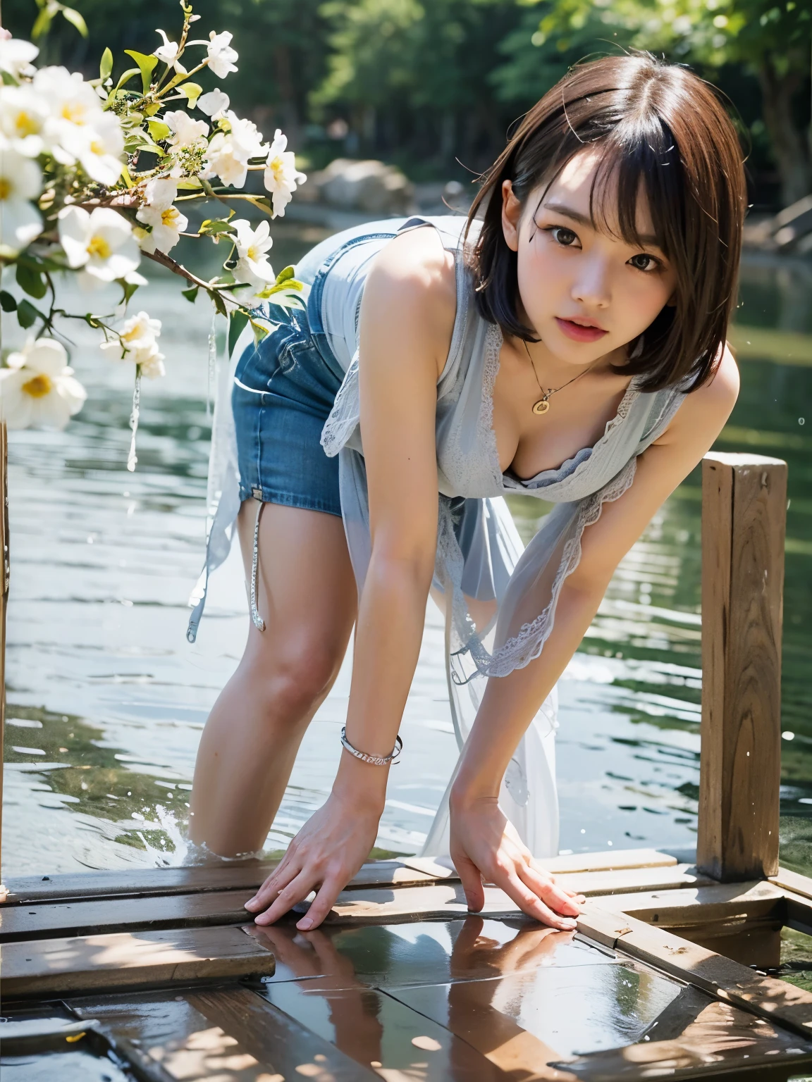 (Best quality, 8k, 32k, Masterpiece, UHD:1.2) "Generate a captivating artwork featuring a young Japanese girl model with short, sleek black hair styled in a chic bob haircut. Envision her bathed in dramatic cinematic lighting, creating an atmosphere of allure and mystery. Emphasize a romantic aesthetic vibe, showcasing the model in a poised and elegant pose that evokes a sense of intimacy and sophistication. Utilize warm and soft tones to enhance the romantic ambiance, and consider incorporating elements like flowing fabrics or flowers to add a touch of ethereal beauty. Capture the essence of romance and beauty through the model's expression, the play of light and shadows, and the overall aesthetic, creating a visually compelling and emotionally resonant piece." (perfect eyes), flawless skin, flawless face, cinematic, tight body, ((well-proportion female hands)), ((female hands with five digits)) ((Body is well proportioned)), ((chic bob haircut)), horse, water, lake