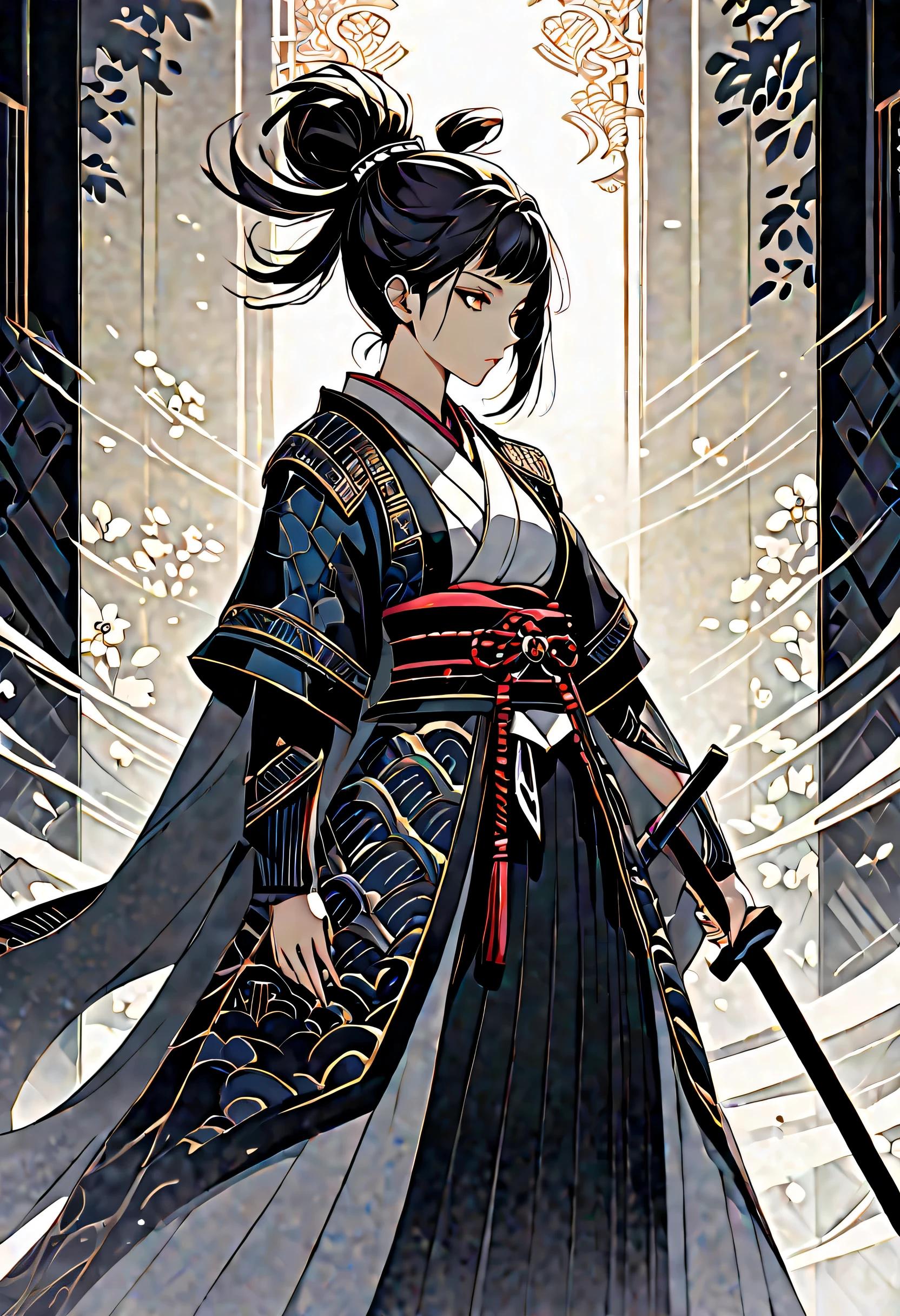 alone, An exceptionally beautiful samurai girl stands out, Delicate face adorned with a topknot, increase intense aura. With dark fantasy illustrations, Power to be considered, Inverted triangular face shape enhances elegance and elegance, The delicate features of a samurai, Highlighted with great illustrations, Added femininity to the ferocious samurai personality, Only the atmosphere adds to the impressive beauty, Create unique and visually diverse illustrations, A towering samurai girl with delicate features and topknot, Enhances the elegance and elegance of shadows, Dark fantasy setting only, Add details to your captivating characters, Creative and interesting prompt feature, With dark fantasy illustrations奥行きを表現, Visually create a unique brush stroke background to an already impressive beauty backdrop, Descriptive and complex detailed subject matter for illustrations,