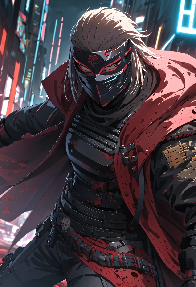 sh4g0d风格赛博朋克武士，(cape mask:1.2),(Strong dynamic stance)，struggle，(blood spatter)，Strong，His face is very determined， 8k, Ultra-detailed, precise, best quality