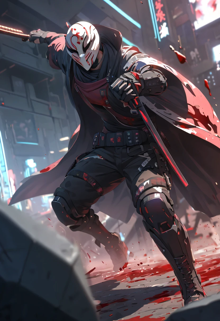 sh4g0d风格赛博朋克武士,(cape mask:1.2),(Strong dynamic stance),struggle,(blood spatter),Strong,His face is very determined, 8k, Ultra-detailed, precise, best quality