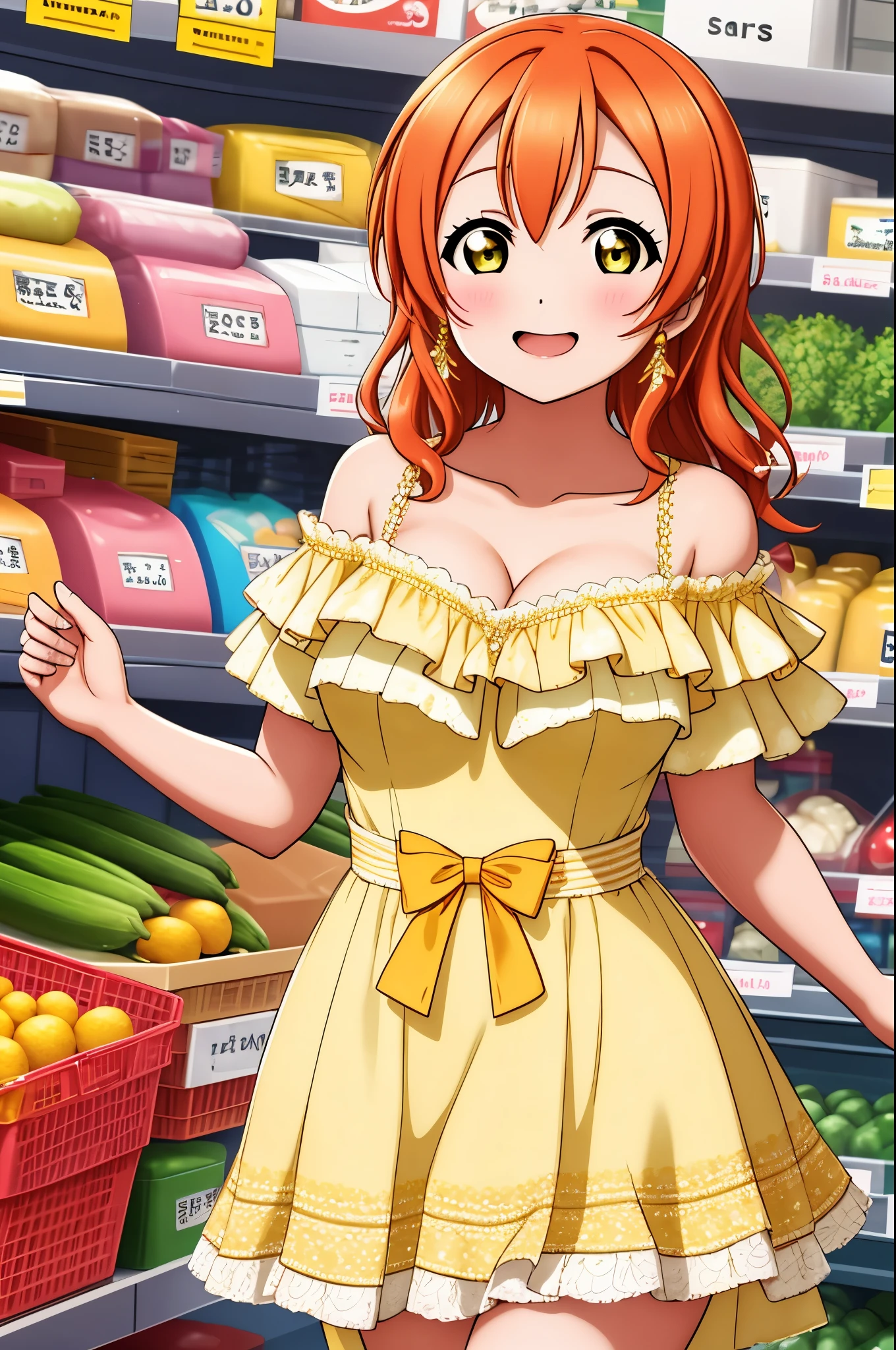 Hoshizora rin, orange hair, long hair,yellow eyes, solo,big breasts,off shoulder dress, standing,cleavage, in supermarket, blushing, looking at viewer