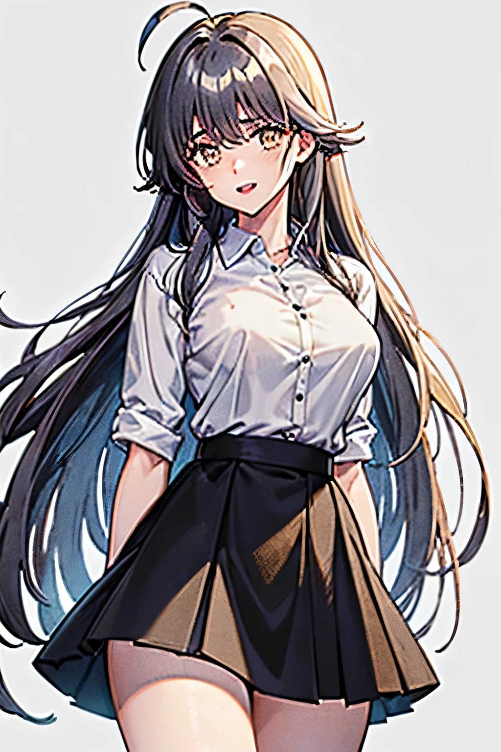 ((masterpiece, highest quality)), (1 girl), (alone), (female focus), (Ahoge, gray hair, very long hair), golden eyes, clear smile, open your mouth, ((white shirt), (shirt with buttons), (gap button)), ((black skirt), (short skirt)), Are standing, white background, turn your arms behind your back, dynamic angle