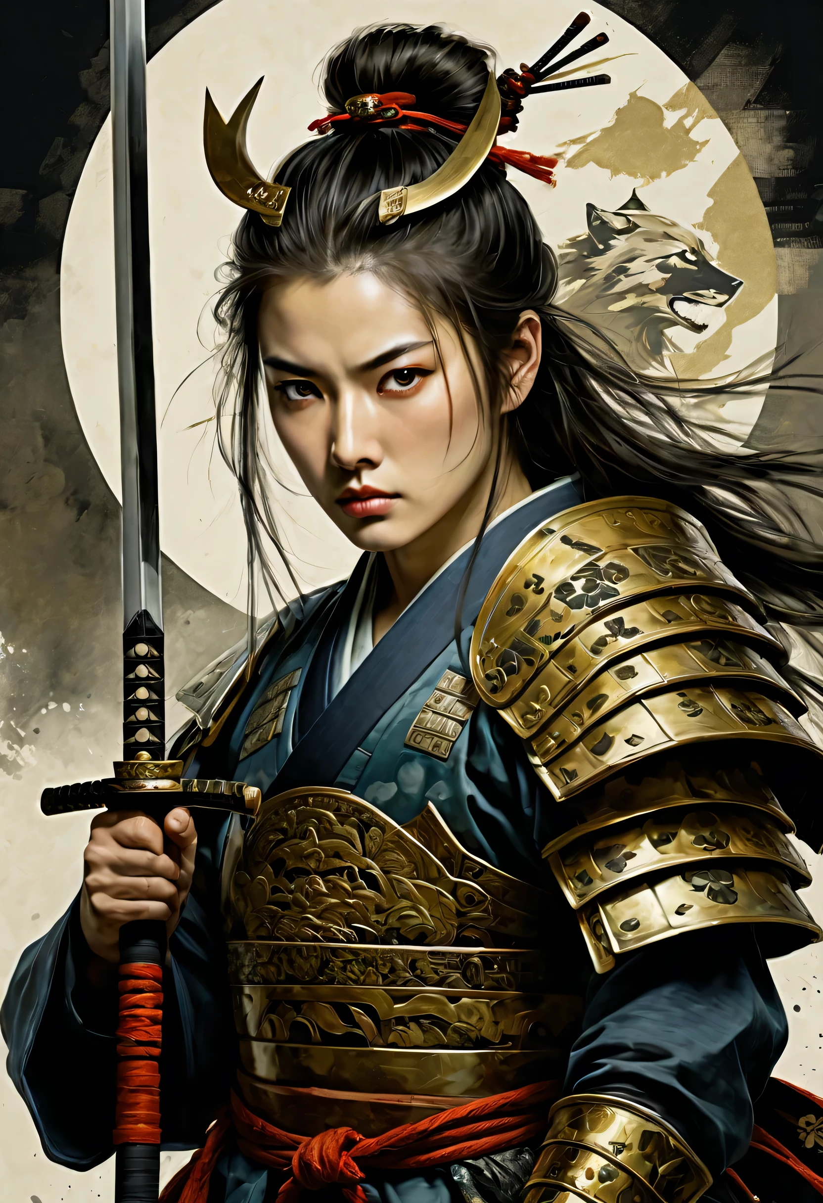 A gorgeous stoic samurai, Meticulously crafted armor stands with fearsome spear in hand, Stare at me with an unwavering gaze against the backdrop of shining golden eyes, A helmet with a wolf&#39;s face creates an atmosphere of fierce determination., Stunning portrait, Exudes the aura of ancient warrior prowess、Capturing the essence of strength and honor in intricate detail。, Rich colors and intricate textures elevate artistry and storytelling to unparalleled levels., A particularly beautiful samurai girl, Delicate face adorned with a topknot, Depicted in this dark fantasy illustration, The inverted triangular face brings out elegance and elegance., probably a painting, Showcasing stunning watercolor techniques with royal, rich colors, Exquisite brush strokes that add depth and richness to the overall composition, With attention to detail and high quality artwork、This wonderful and attractive illustration has been completed。,