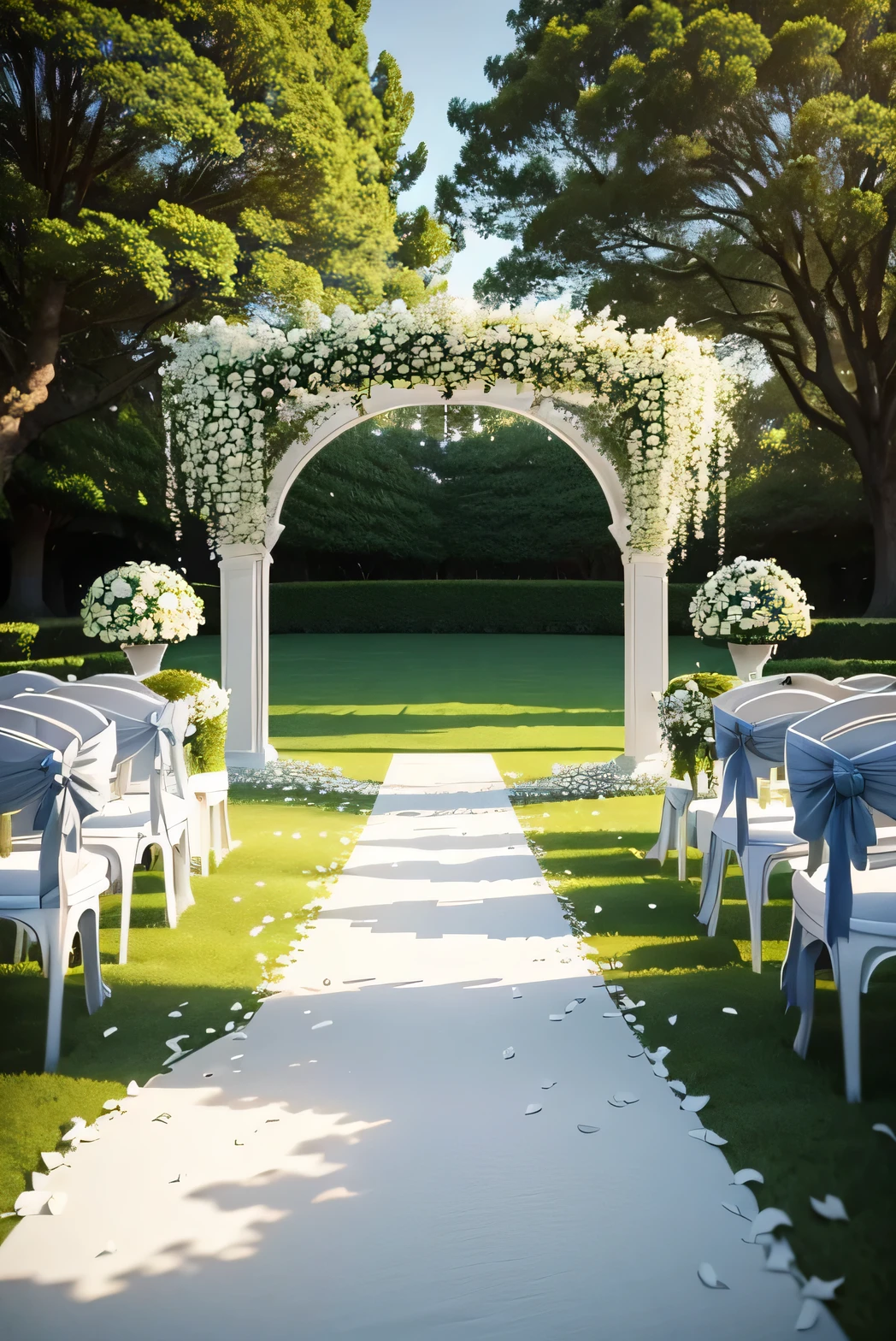 park summer a lot of greenery wedding arch of flowers white carpet chairs for guests covered with silver fabric