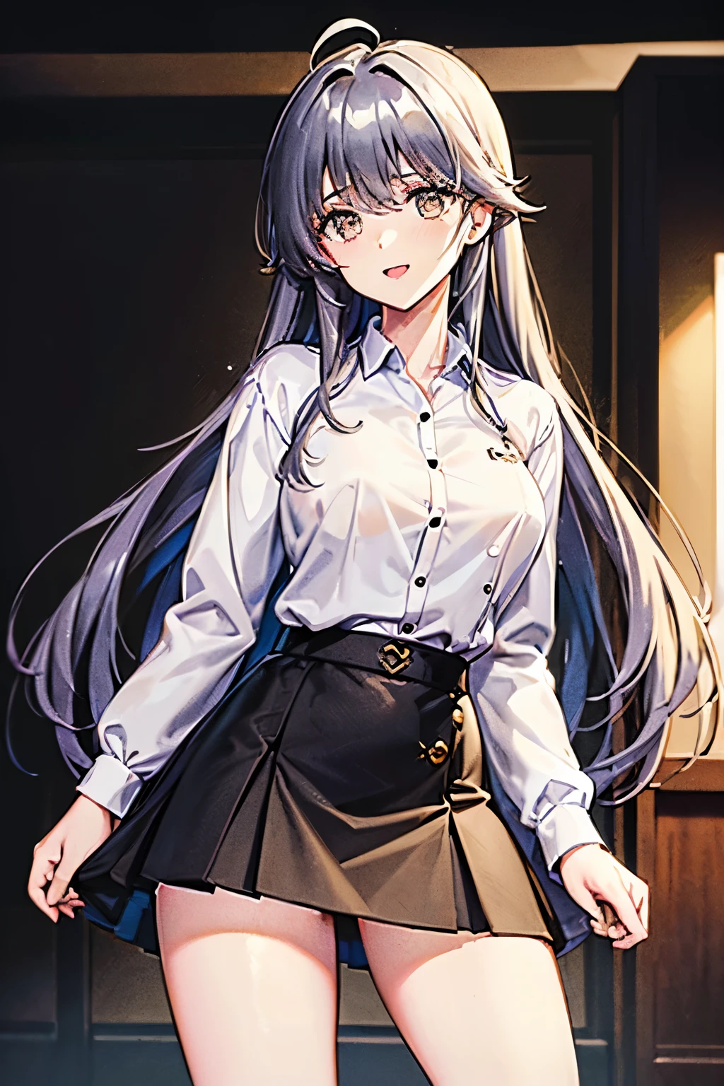 ((masterpiece, highest quality)), (1 girl), (alone), (female focus), (Ahoge, gray hair, very long hair), golden eyes, clear smile, open your mouth, ((white shirt), (shirt with buttons), (gap button)), ((black skirt), (short skirt)), Are standing, white background, turn your arms behind your back, dynamic angle