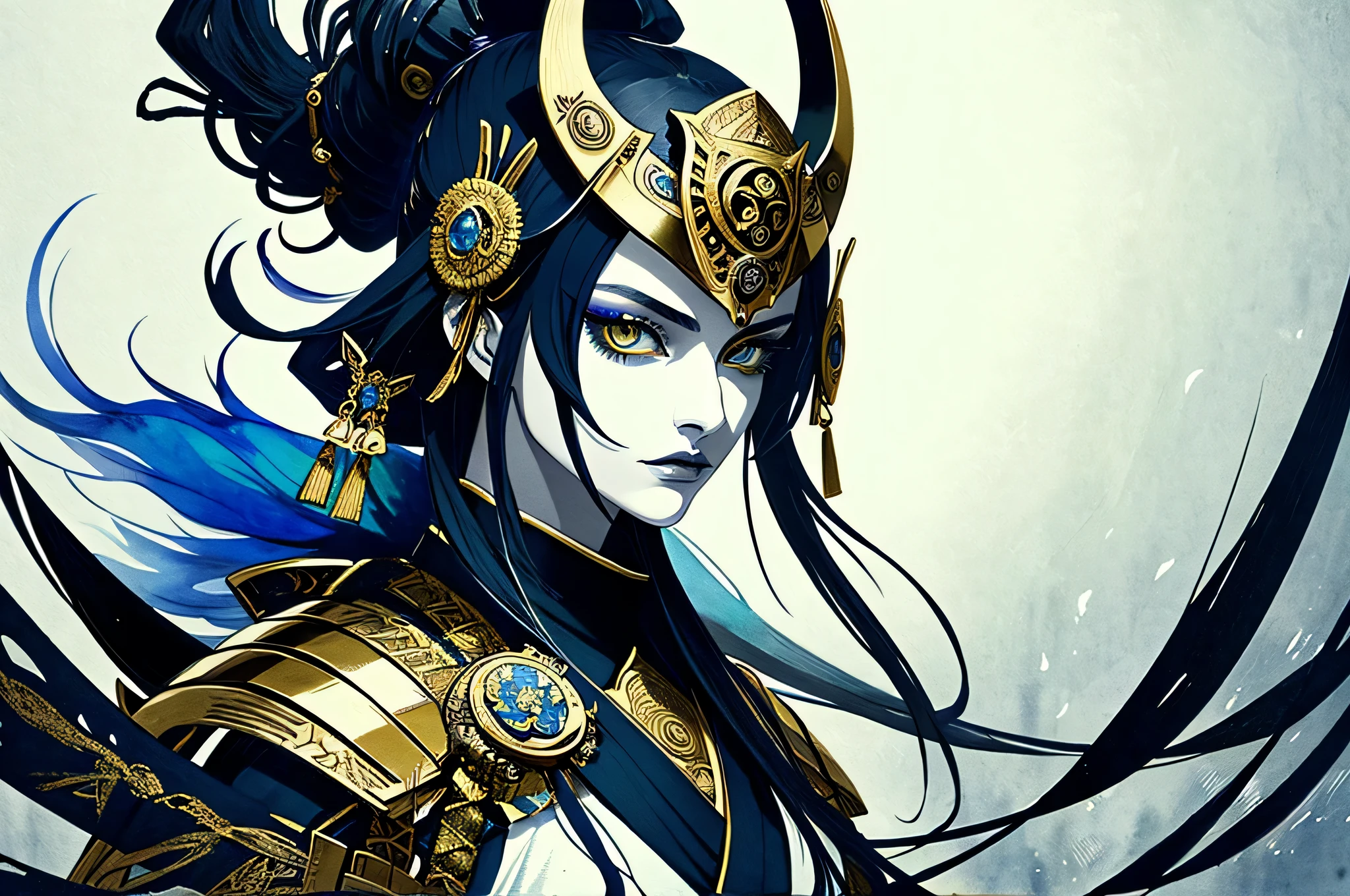 A gorgeous stoic samurai, Meticulously crafted armor stands with fearsome spear in hand, Stare at me with an unwavering gaze against the backdrop of shining golden eyes, A helmet with a wolf's face creates an atmosphere of fierce determination., Stunning portrait, Exudes the aura of ancient warrior prowess、Capturing the essence of strength and honor in intricate detail。, Rich colors and intricate textures elevate artistry and storytelling to unparalleled levels., A particularly beautiful samurai girl, Delicate face adorned with a topknot, Depicted in this dark fantasy illustration, The inverted triangular face brings out elegance and elegance., probably a painting, Showcasing stunning watercolor techniques with royal, rich colors, Exquisite brush strokes that add depth and richness to the overall composition, With attention to detail and high quality artwork、This wonderful and attractive illustration has been completed。,