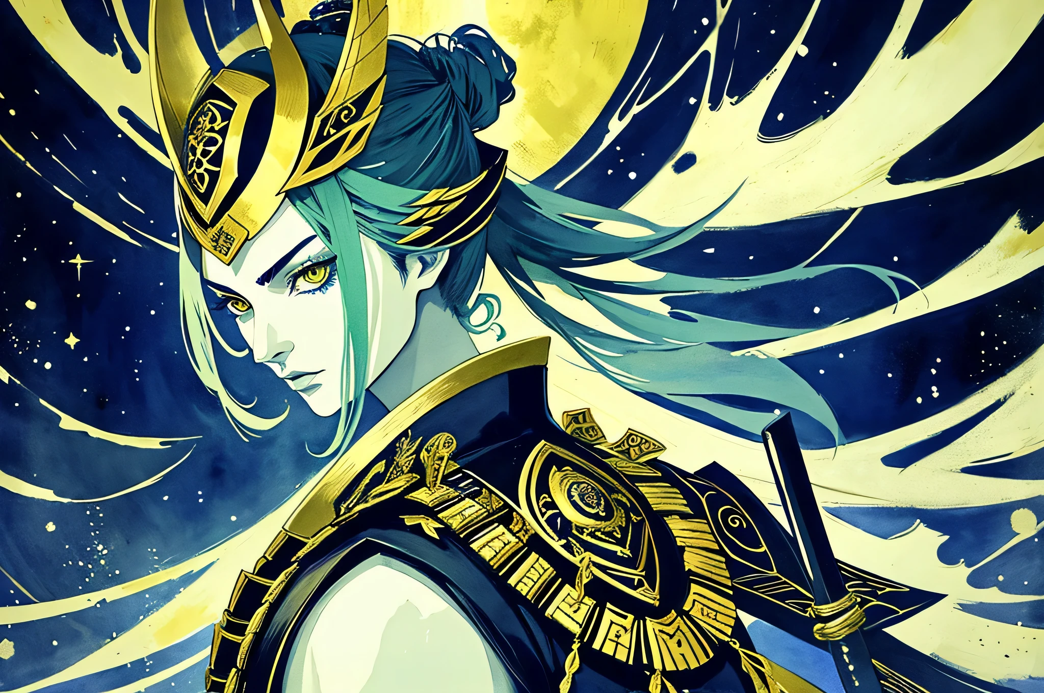 alone, An exceptionally beautiful samurai girl stands out, Delicate face adorned with a topknot, increase intense aura. With dark fantasy illustrations, Power to be considered, Inverted triangular face shape enhances elegance and elegance, The delicate features of a samurai, Highlighted with great illustrations, Added femininity to the ferocious samurai personality, Only the atmosphere adds to the impressive beauty, Create unique and visually diverse illustrations, A towering samurai girl with delicate features and topknot, Enhances the elegance and elegance of shadows, Dark fantasy setting only, Add details to your captivating characters, Creative and interesting prompt feature, With dark fantasy illustrations奥行きを表現, Visually create a unique brush stroke background to an already impressive beauty backdrop, Descriptive and complex detailed subject matter for illustrations,
