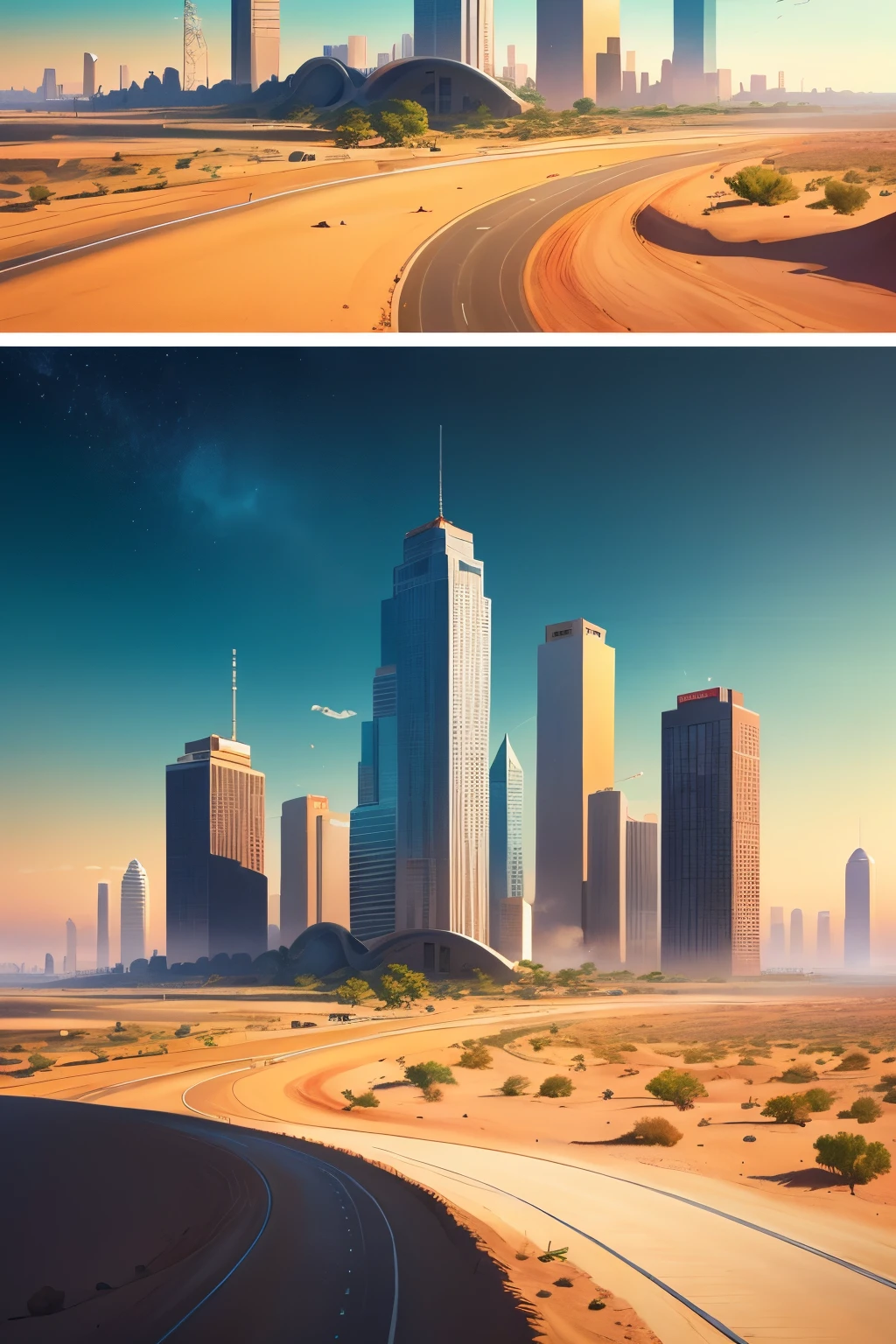 The drawing ratio is 16:5。3D futuristic city。Faraway view。the sideview。The sky on the left is a sandstorm。The sky on the right is blue。One side of the city is green, The other side of the city is earthy yellow