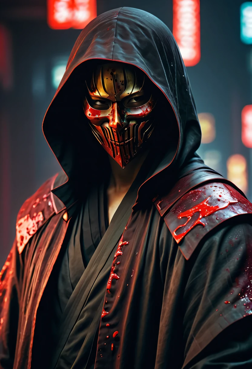 sh4g0d风格赛博朋克武士，(cape mask:1.2),(Strong dynamic stance)，struggle，(blood spatter)，Strong，His face is very determined， 8k, Ultra-detailed, precise, best quality