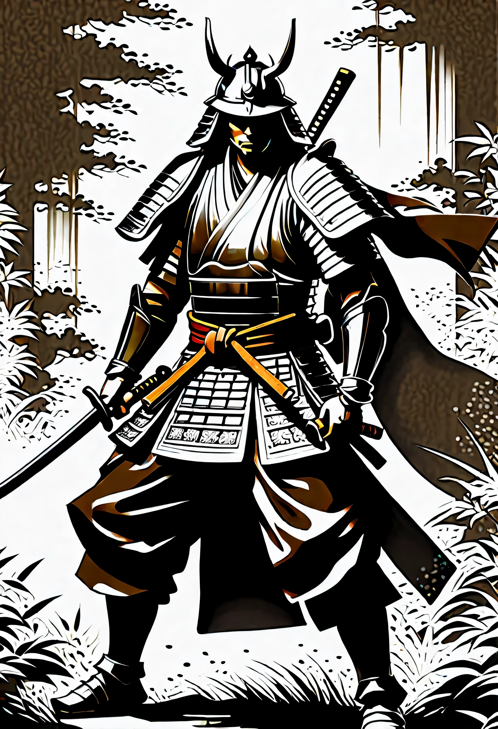 The stoic samurai exudes a sense of honor and integrity, An inverted triangular face that exudes courage and strength, The details of the armor and sword are precisely expressed.、Creates a brave atmosphere。, on the other hand、A plain dark brown kimono adds simplicity and elegance, Matte illustration style, The samurai stands gracefully, sword in sheath, Overall great illustrations, Beautifully detailed brushstrokes, Perfect attention to detail and seamless blending, Perfect attention to detail of traditional and modern elements,