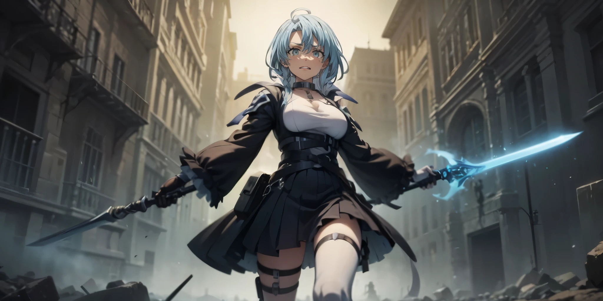 sentouinsnow, blue hair, long hair, blue eyes, hair flowing over, large breasts, 1girl, holding, sword, solo, blue_eyes, holding_weapon,  holding_sword, jewelry, skirt, standing, dual_wielding, closed_mouth, glowing, bangs, gloves, earrings, looking_at_viewer, long_sleeves, cowboy_shot, glowing_weapon, "glow effects, godrays, Hand drawn, render, 8k, octane render, cinema 4d, blender, dark, atmospheric 4k ultra detailed, cinematic, Sharp focus, big depth of field, Masterpiece, colors, 3d octane render, 4k, concept art, trending on artstation, hyperrealistic, Vivid colors, extremely detailed CG unity 8k wallpaper, trending on CGSociety, Intricate, High Detail, dramatic", anime coloring, anime screencap, sweating, steaming body, fog
