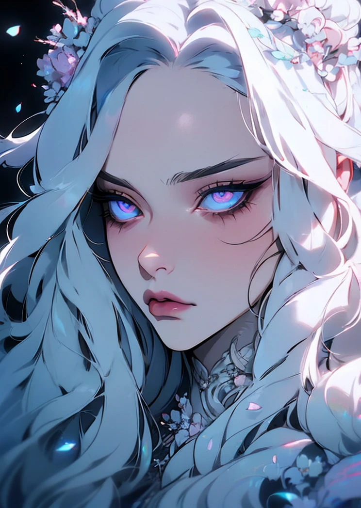 hyper-realistic of a mysterious woman with flowing silver hair, piercing opal eyes, and a delicate floral crown, , upper body