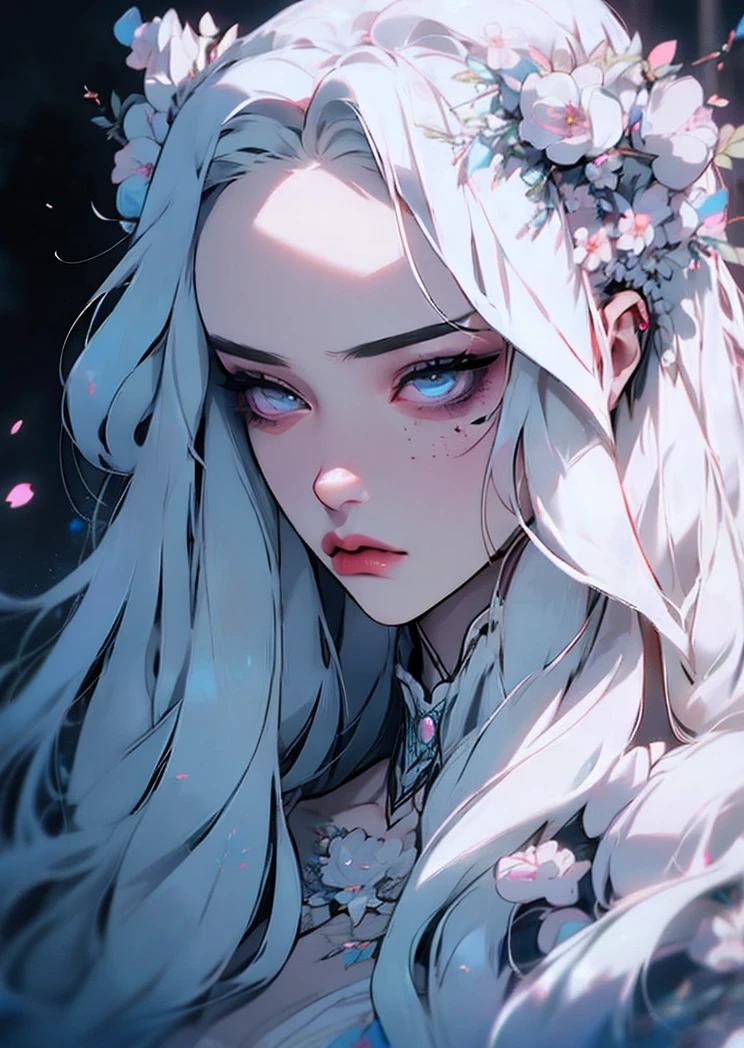 hyper-realistic of a mysterious woman with flowing silver hair, piercing opal eyes, and a delicate floral crown, , upper body
