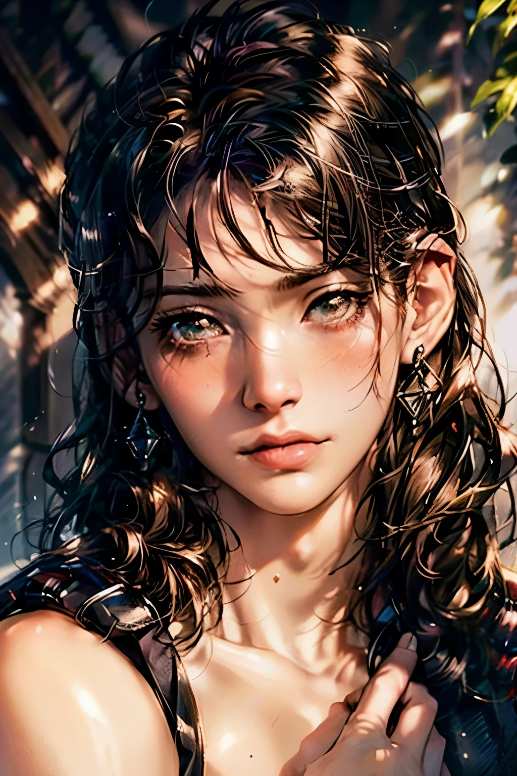 1 girl, solo, Wrap your hands around your chest, full bodyesbian, Hair covers the chest and lower body, No dressing, topless,abyssal, dark blue hair, curly hair, ribbon, closed eyes, parted lips, expressionless, curtained hair, hair over shoulder, Romanticism, god rays, vignetting, partially underwater shot, emphasis lines, vanishing point, from below, masterpiece, anatomically correct, super detail, high details, high quality, best quality, 8k