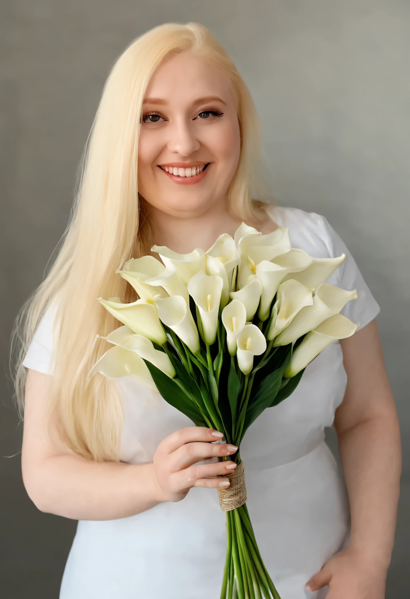 A cute curvy girl of 25 years old with long golden albino hair is left with a bouquet of calla lilies, smile, Realistic, Hyper detailed, Photo, instagram, high quality, 3:1